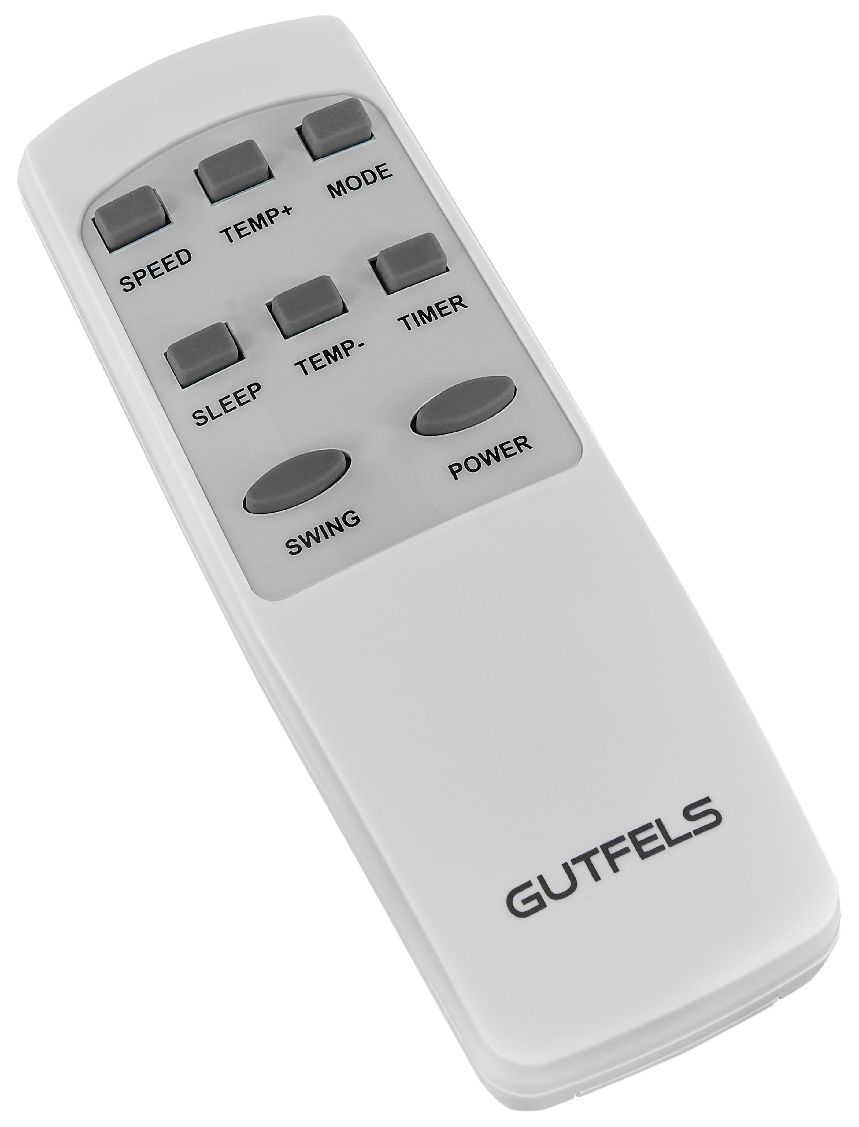 Eine weiße Gutfels-Fernbedienung mit Tasten für Geschwindigkeit, Temperatur, Modus, Timer, Schlaf, Schwingen, Strom und Temperatur.