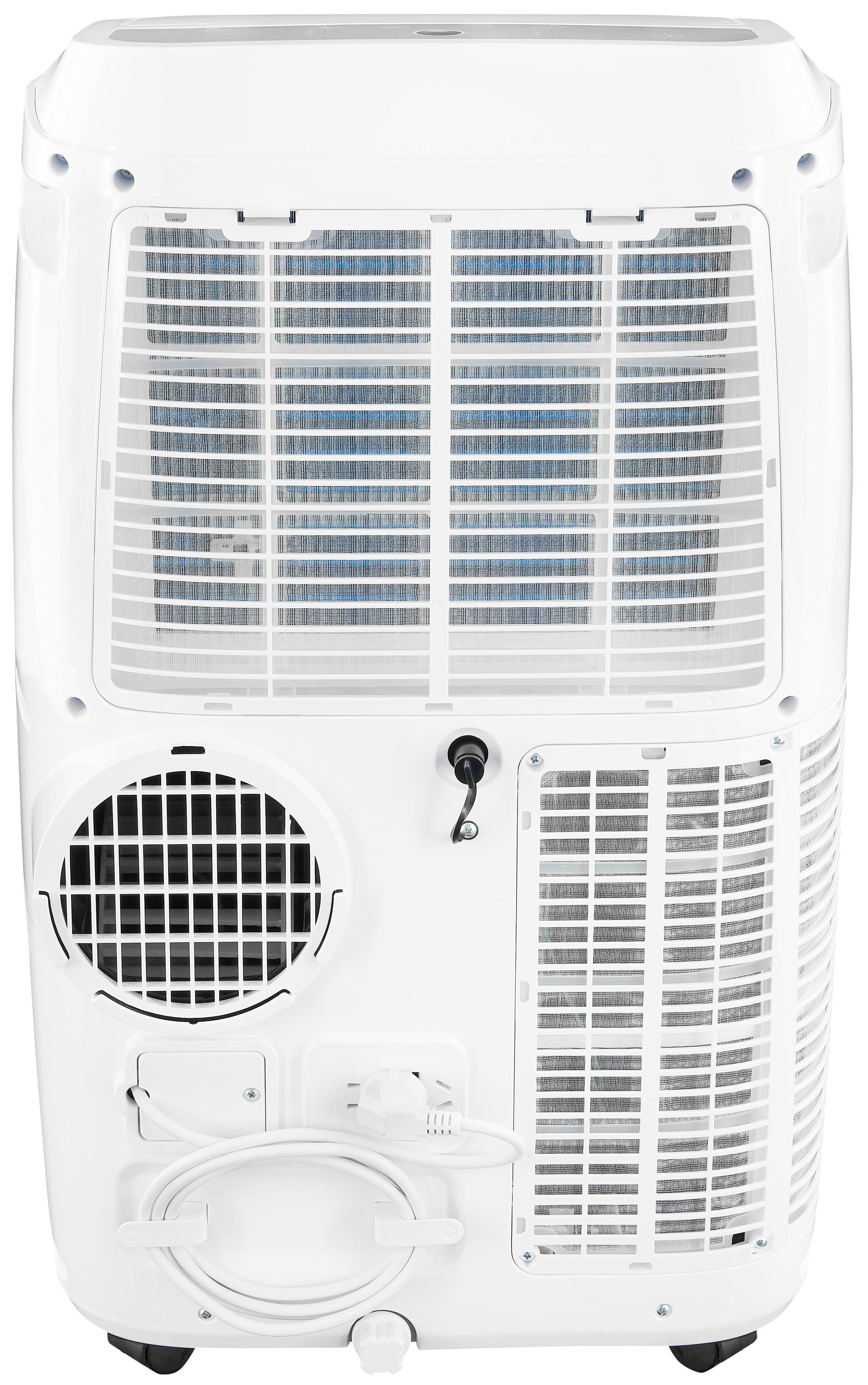 Rückseite eines weißen tragbaren Klimageräts. Es hat einen Ventilator, eine Lüftung und ein Netzkabel.