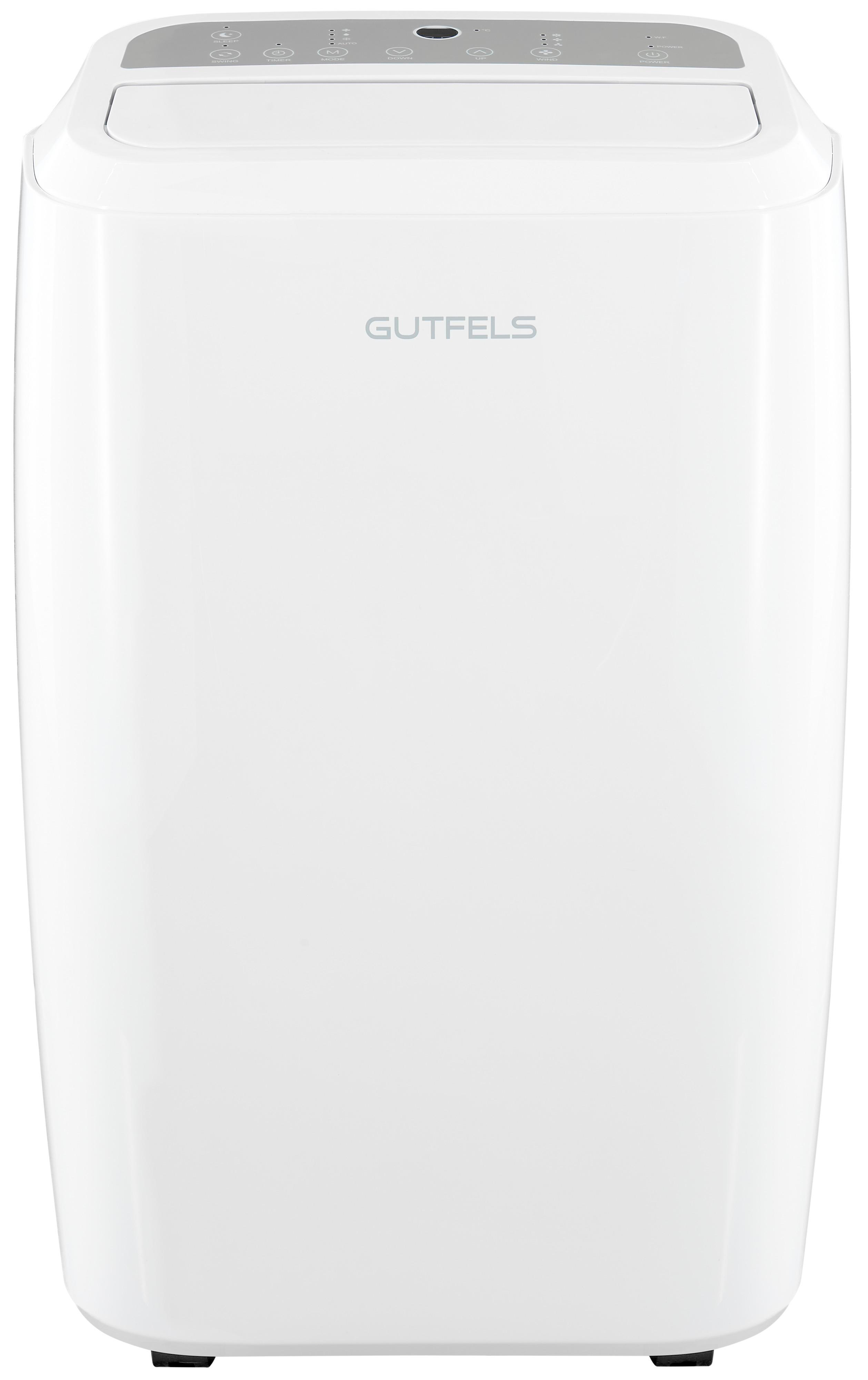Weißer tragbarer GUTYELS-Klimaanlage. Oben befindet sich ein Bedienfeld. Der Korpus ist weiß, mit schwarzem Sockel.