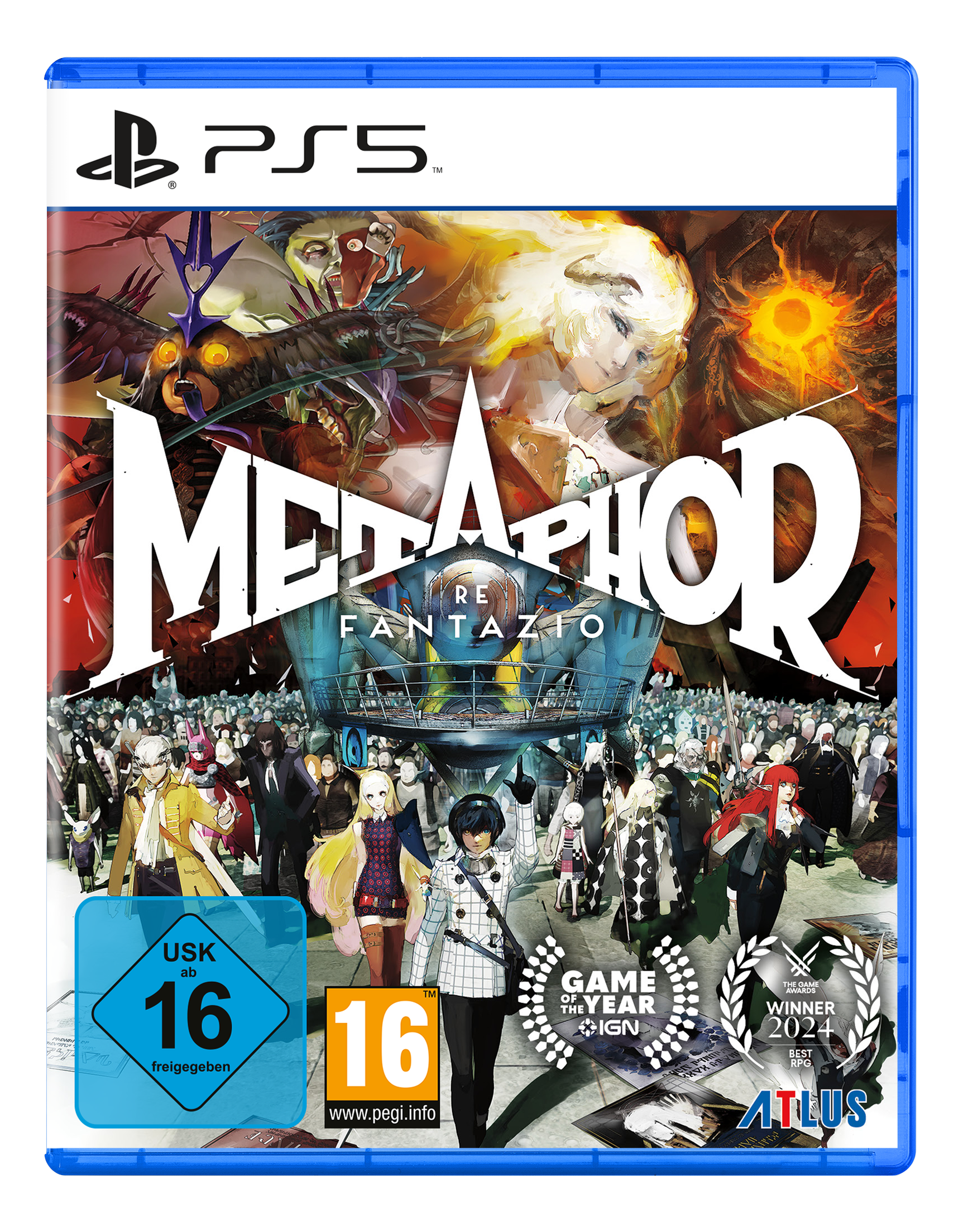 Jaquette du jeu avec le titre METAPHOR, personnages et logos PS5, USK 16, PEGI 16, IGN Jeu de l'année et Atlus.