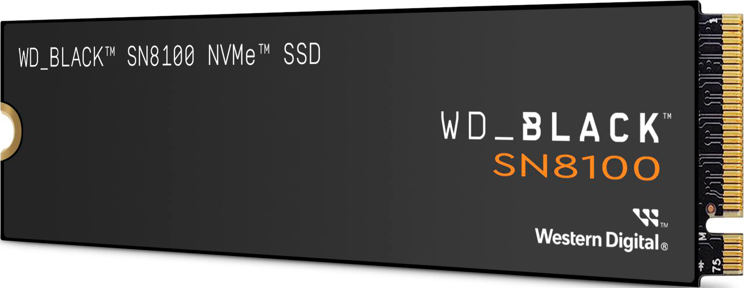 Eine schwarze WD_BLACK SN8100 NVMe SSD. Markenname und Modell werden angezeigt. Western Digital Logo rechts.