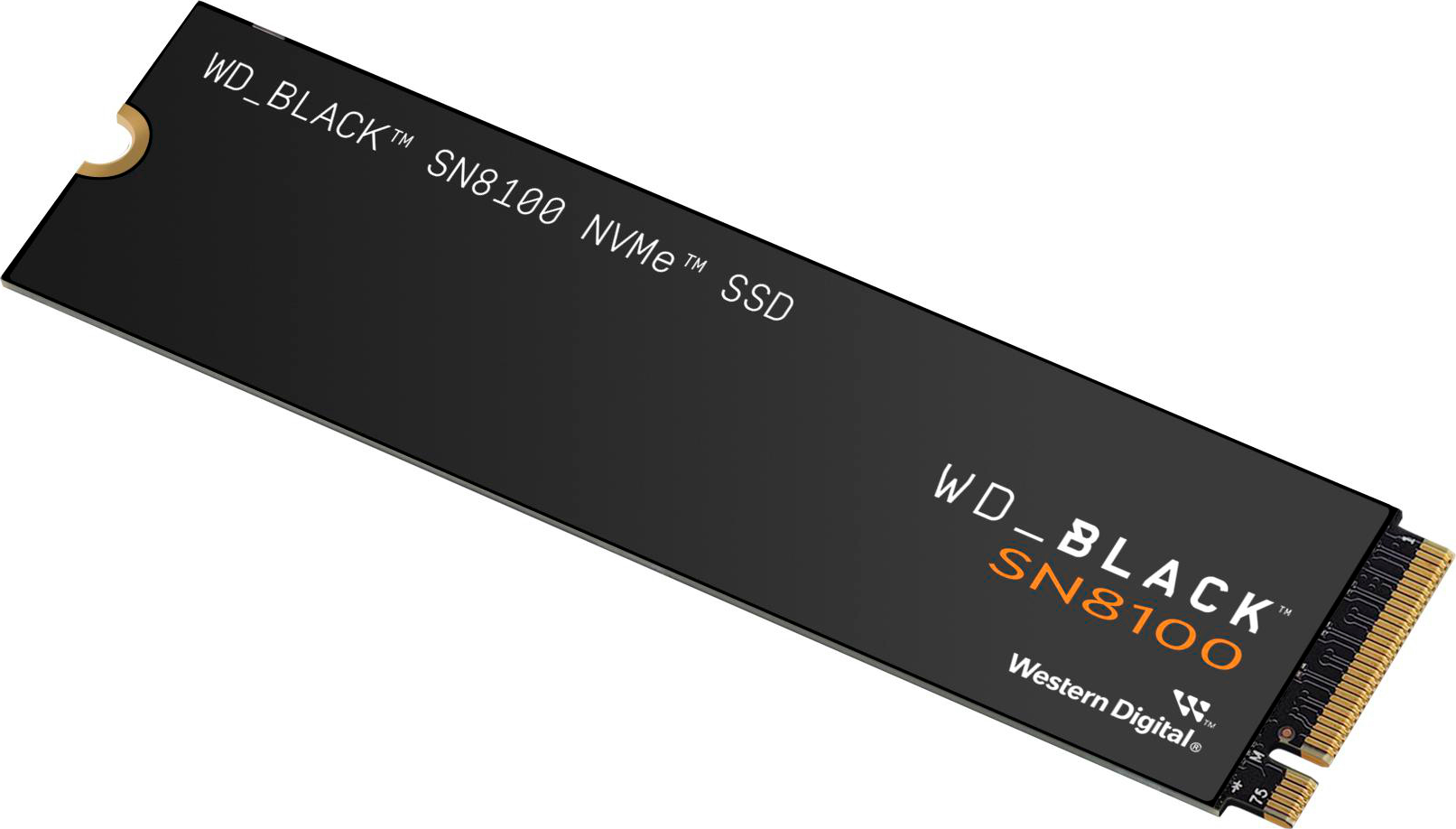 Eine schwarze WD_BLACK SN8100 NVMe SSD wird diagonal angezeigt. Der Text ist weiß und orange. Es ist ein Speichergerät von Western Digital.