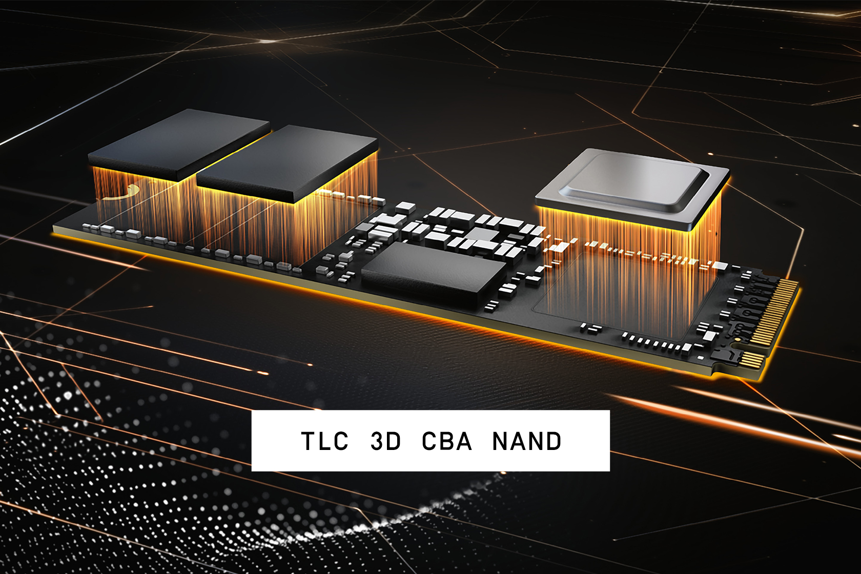 Ein 3D-NAND-Flash-Speichermodul mit mehreren schwarzen Komponenten und goldenen Lichteffekten auf dunklem Hintergrund.