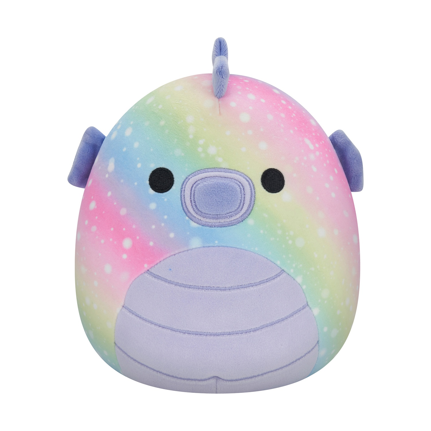 Un peluche a forma di drago rotondo. Ha un colore arcobaleno e una pancia, orecchie e pinna viola. Ha due occhi neri.