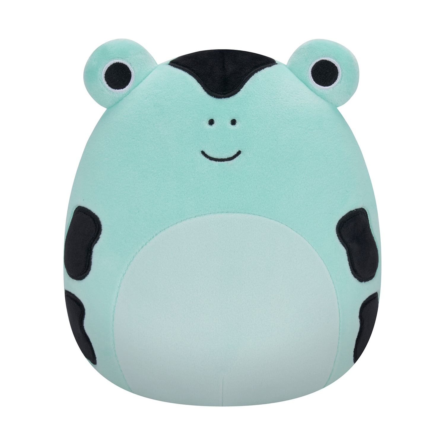 Un peluche a forma di rana verde chiaro con macchie e occhi neri. Ha una faccia felice ed è su sfondo bianco.