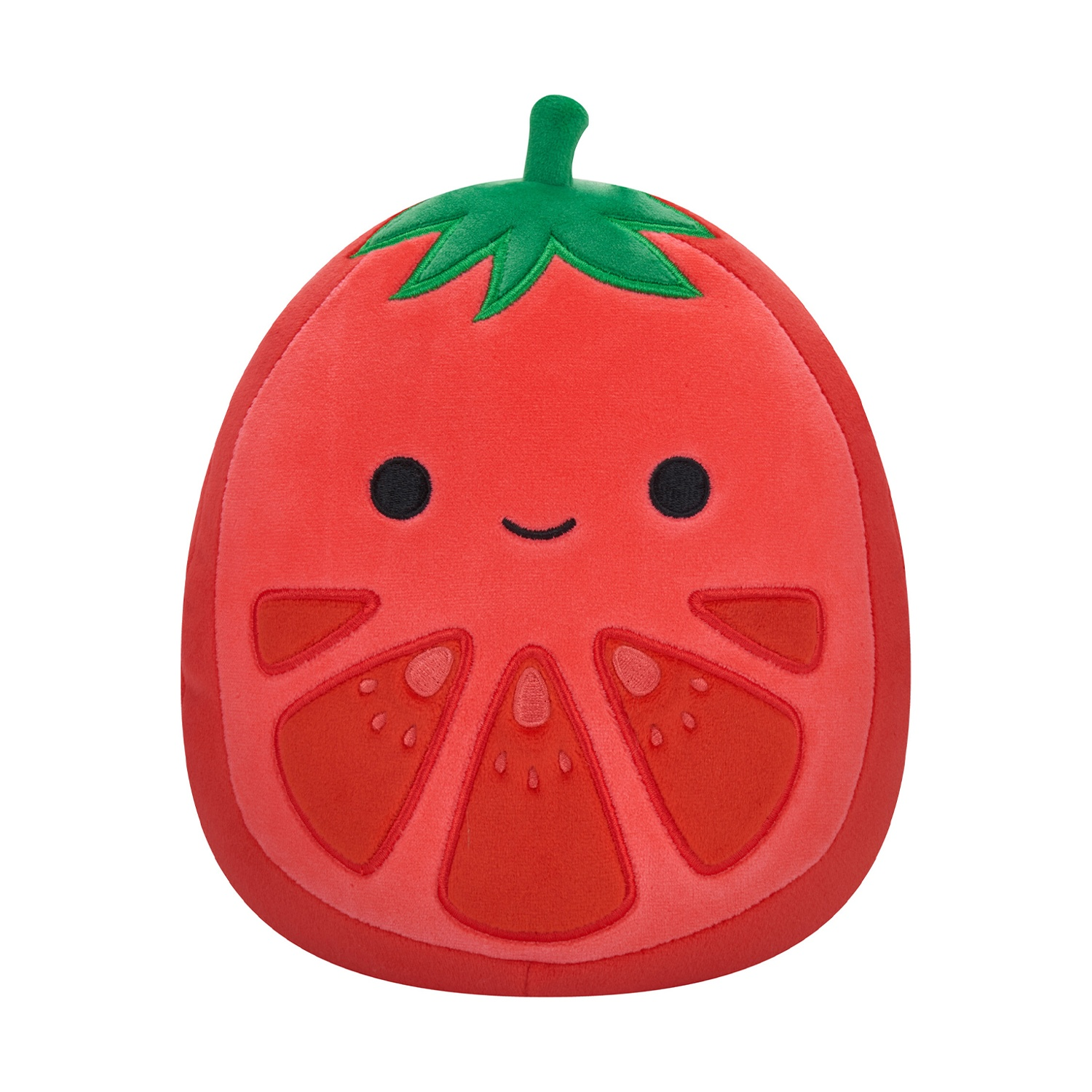 Un peluche a forma di pomodoro con una faccia sorridente. È rosso con uno stelo verde e dettagli di foglie.