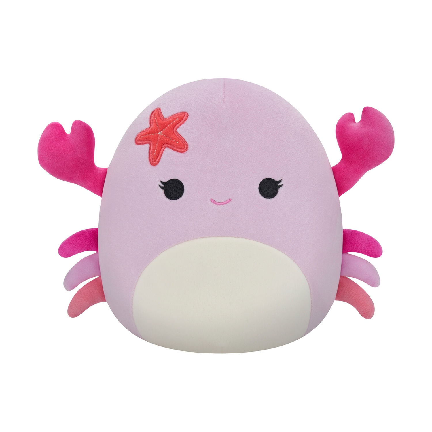 Un giocattolo di peluche a forma di granchio rosa con occhi scuri e un piccolo sorriso. Ha chele rosa e una stella marina rossa sulla testa.