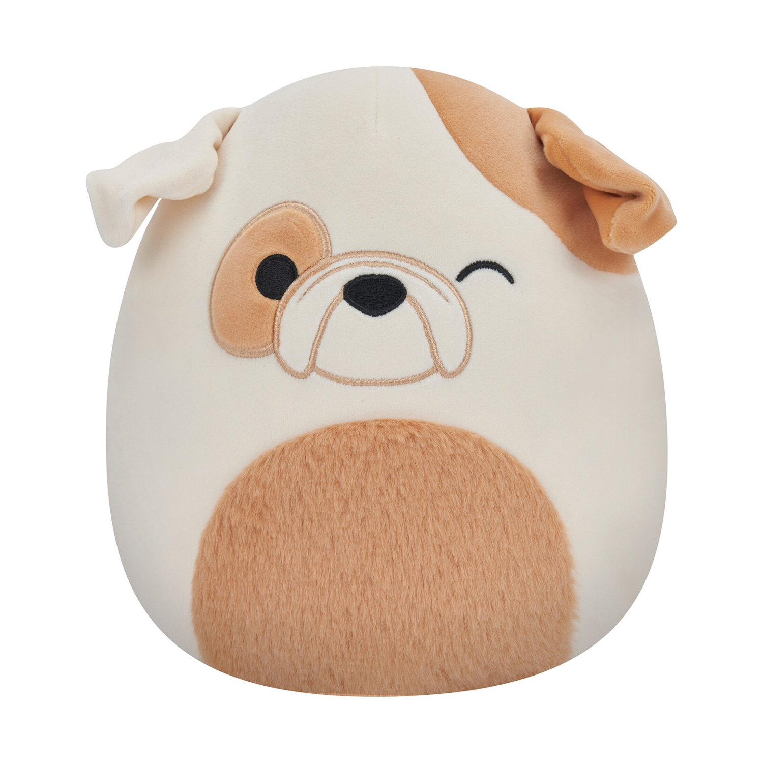 Un peluche a forma di bulldog. Ha un corpo color crema, orecchie e macchie marroni e una pancia marrone. Sta strizzando un occhio nero.