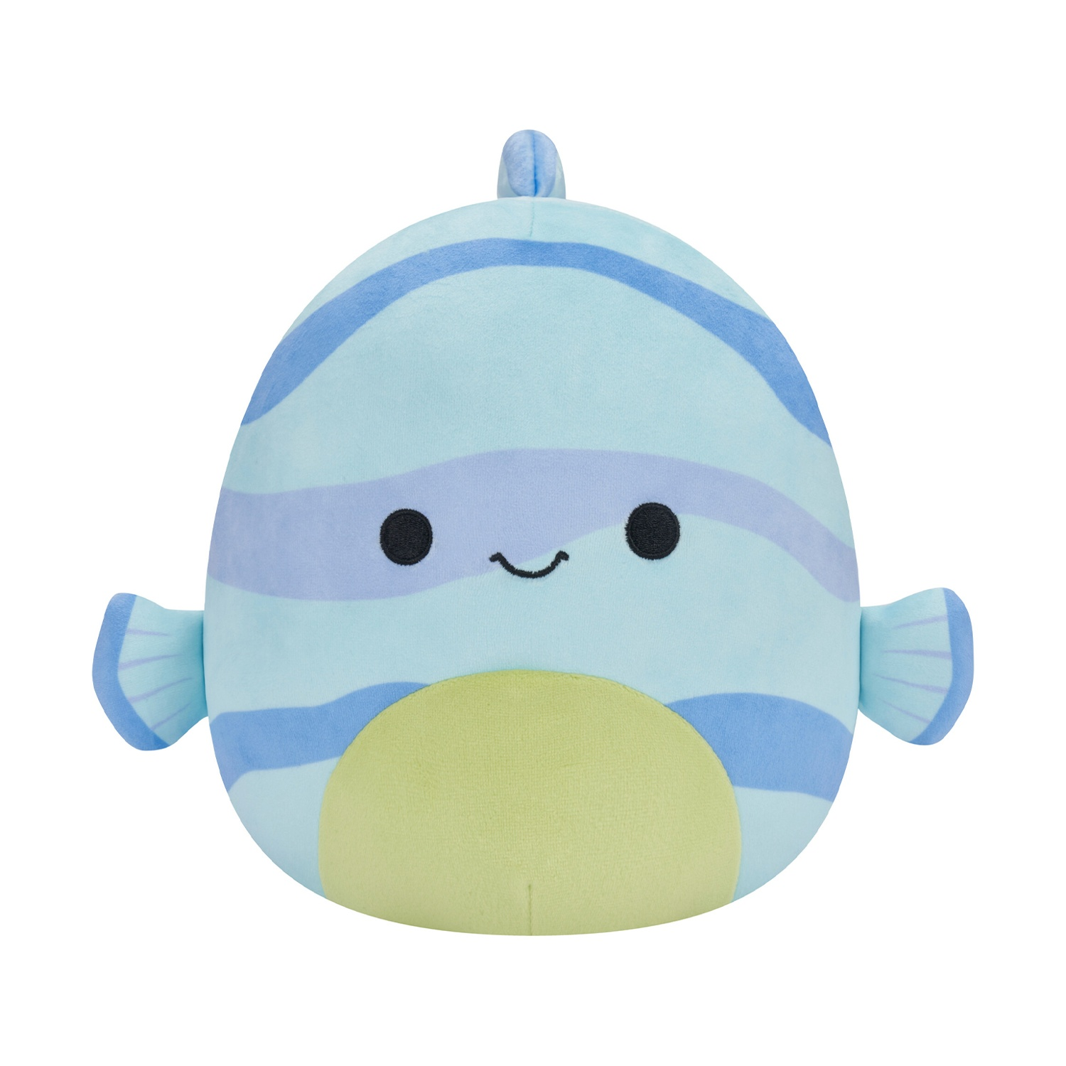 Un peluche a forma di pesce blu con strisce, occhi neri e bocca sorridente. Ha un ventre giallo e piccole pinne.