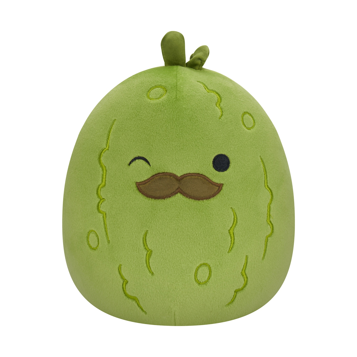 Un peluche verde a forma di melone con dettagli ricamati. Ha un occhio che strizza, dei baffi e un piccolo gambo.