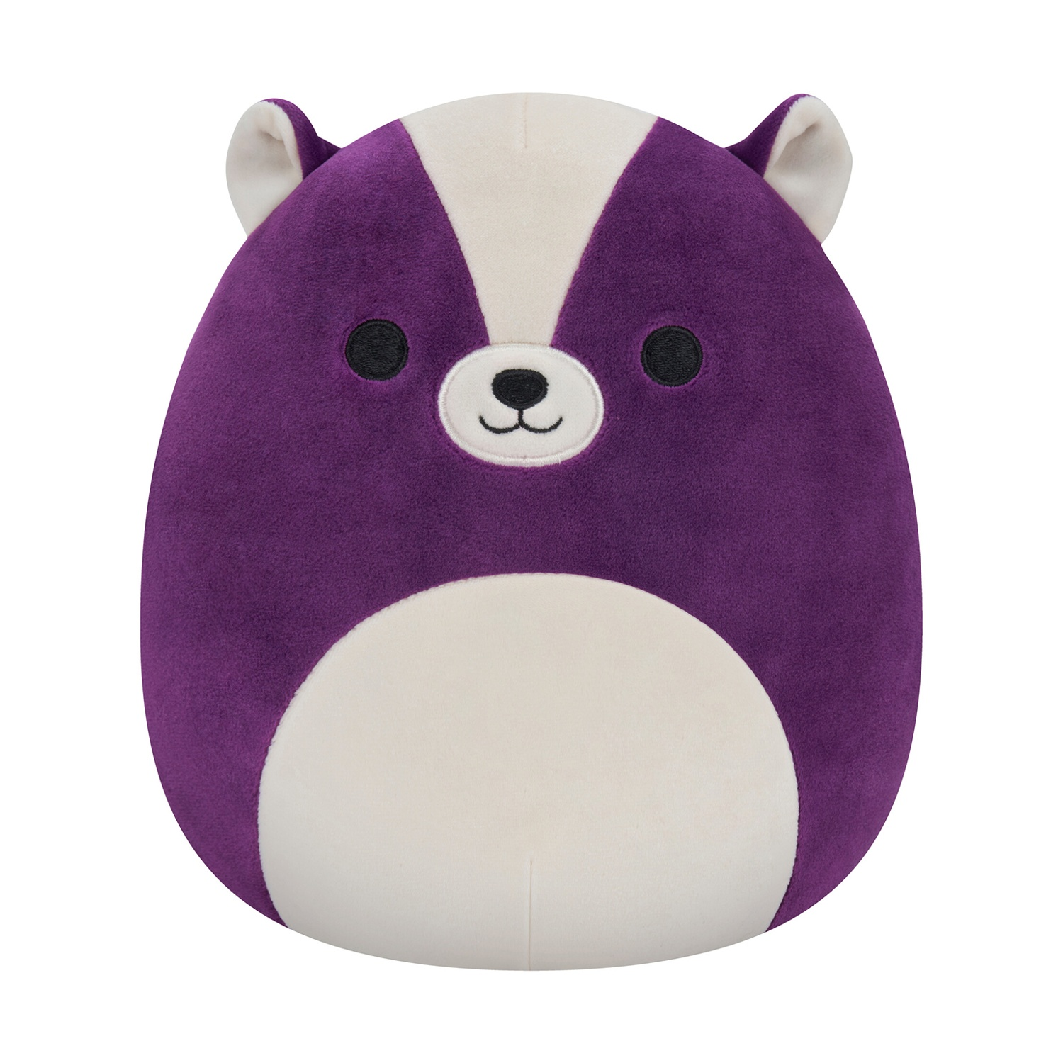 Un peluche a forma di tasso, con corpo viola e striscia bianca. Ha occhi neri e un piccolo sorriso cucito.