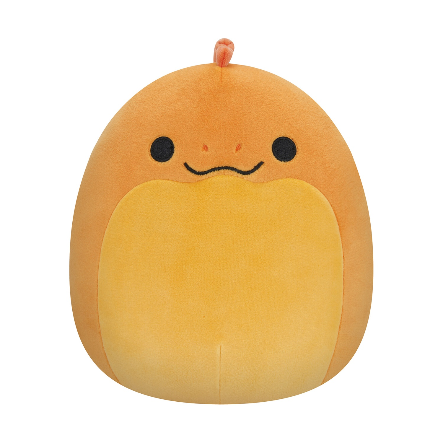 Un peluche arancione a forma di drago rotondo con occhi neri e un piccolo sorriso. Ha una pancia arancione più chiara e un piccolo corno.