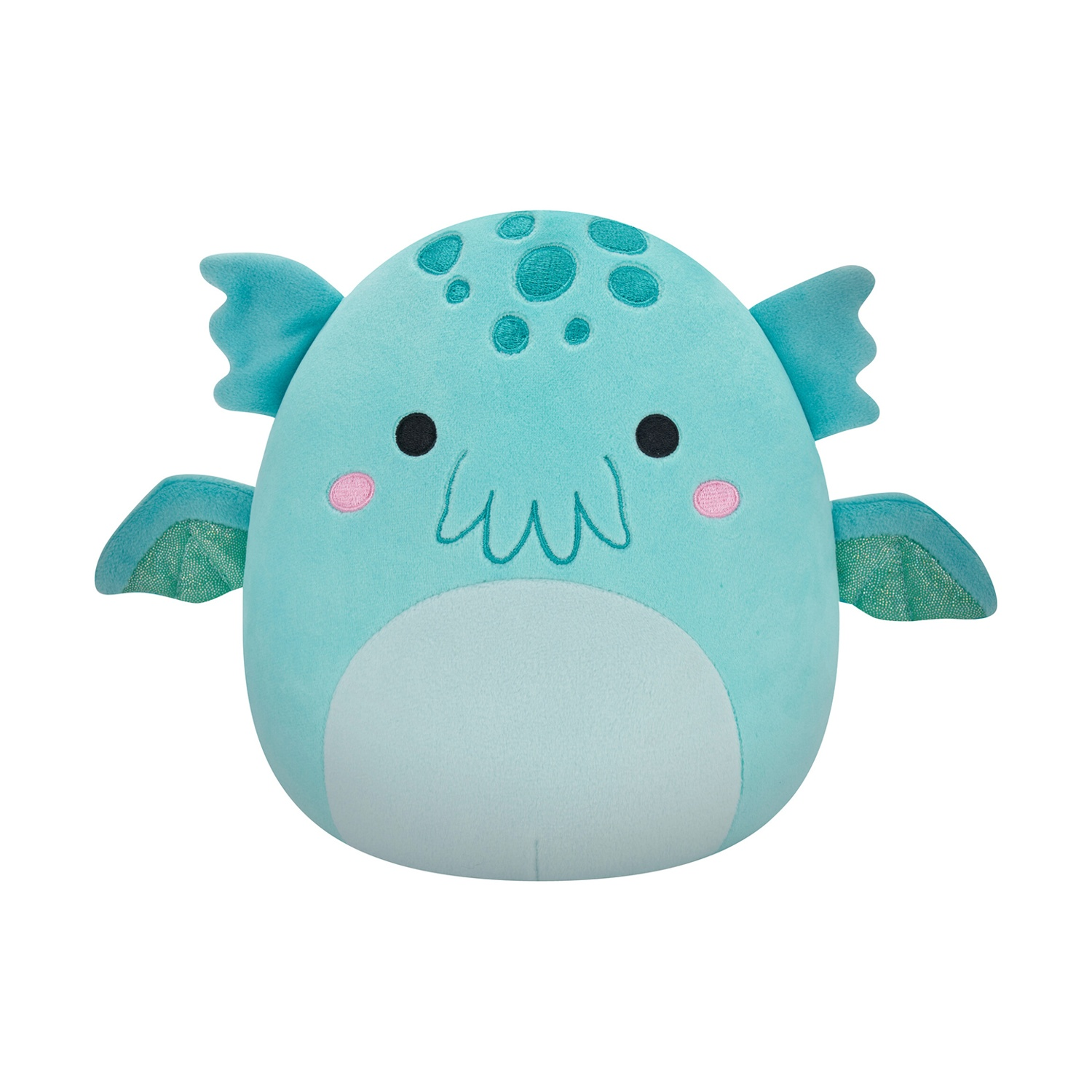 Un peluche turchese a forma di creatura marina. Ha ali, occhi neri, guance rosa, un ventre azzurro chiaro e macchie sulla testa.