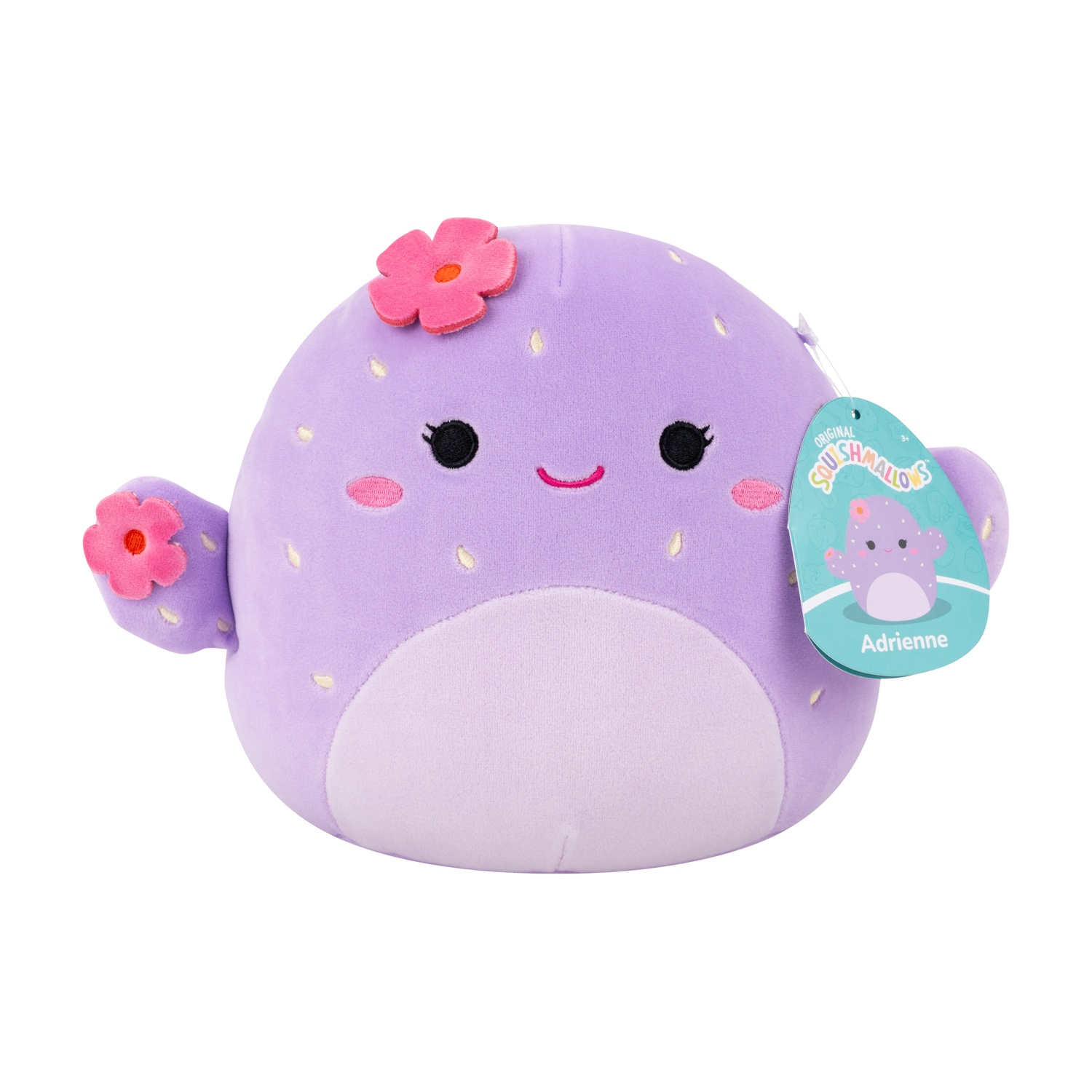 Un peluche viola e rotondo con un fiore rosa sulla testa. Ha una faccia sorridente e un'etichetta che dice 'Adrienne'.