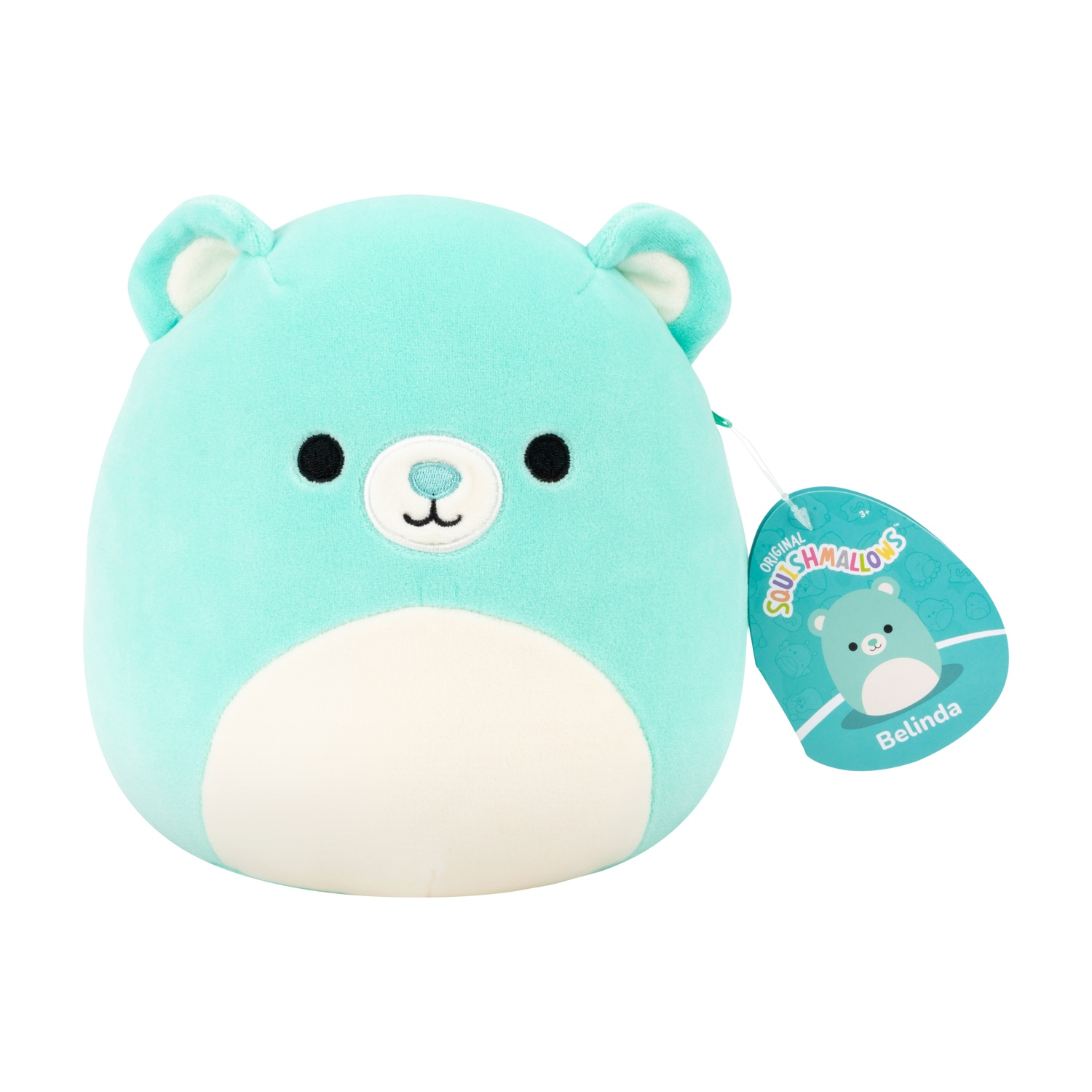 Un peluche a forma di orso color verde acqua di nome Belinda, con la pancia color crema. Ha occhi neri e un'etichetta con scritto Squishmallows.