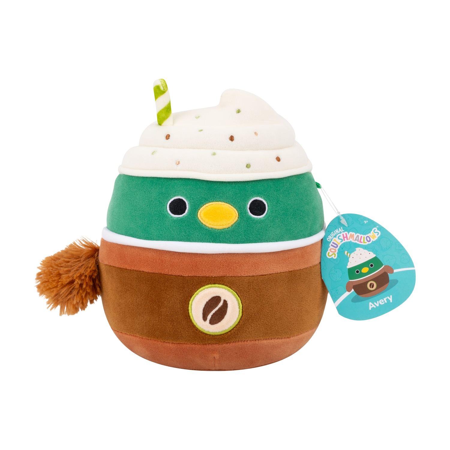 Avery lo Squishmallow, un peluche a forma di tazza di caffè. Ha colori verde, marrone e crema, con un chicco di caffè e una cannuccia.