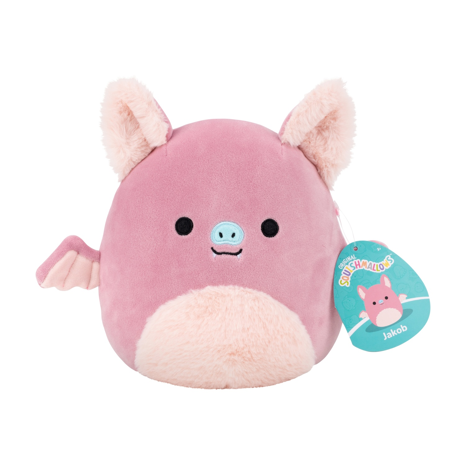 Un pipistrello di peluche rosa di nome Jakob, con grandi orecchie, ali e un'etichetta. Ha una pancia rosa chiaro e un naso blu.