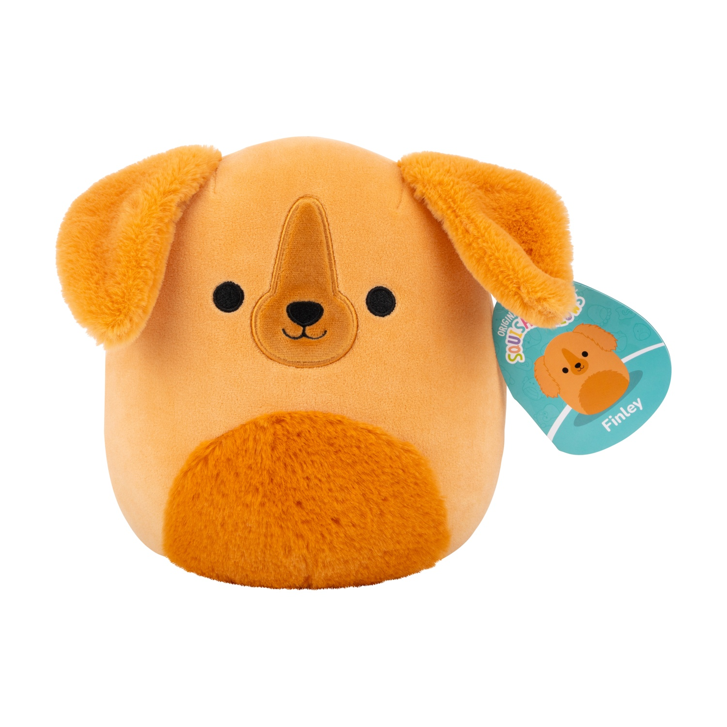 Un cane di peluche di nome Finley. È arancione con orecchie flosce e una pancia soffice. Ha un'etichetta con l'immagine del cane.