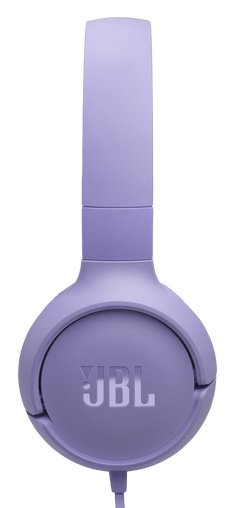 Para fioletowych słuchawek JBL. Nazwa marki widoczna na nauszniku. Kabel wychodzi od dołu.