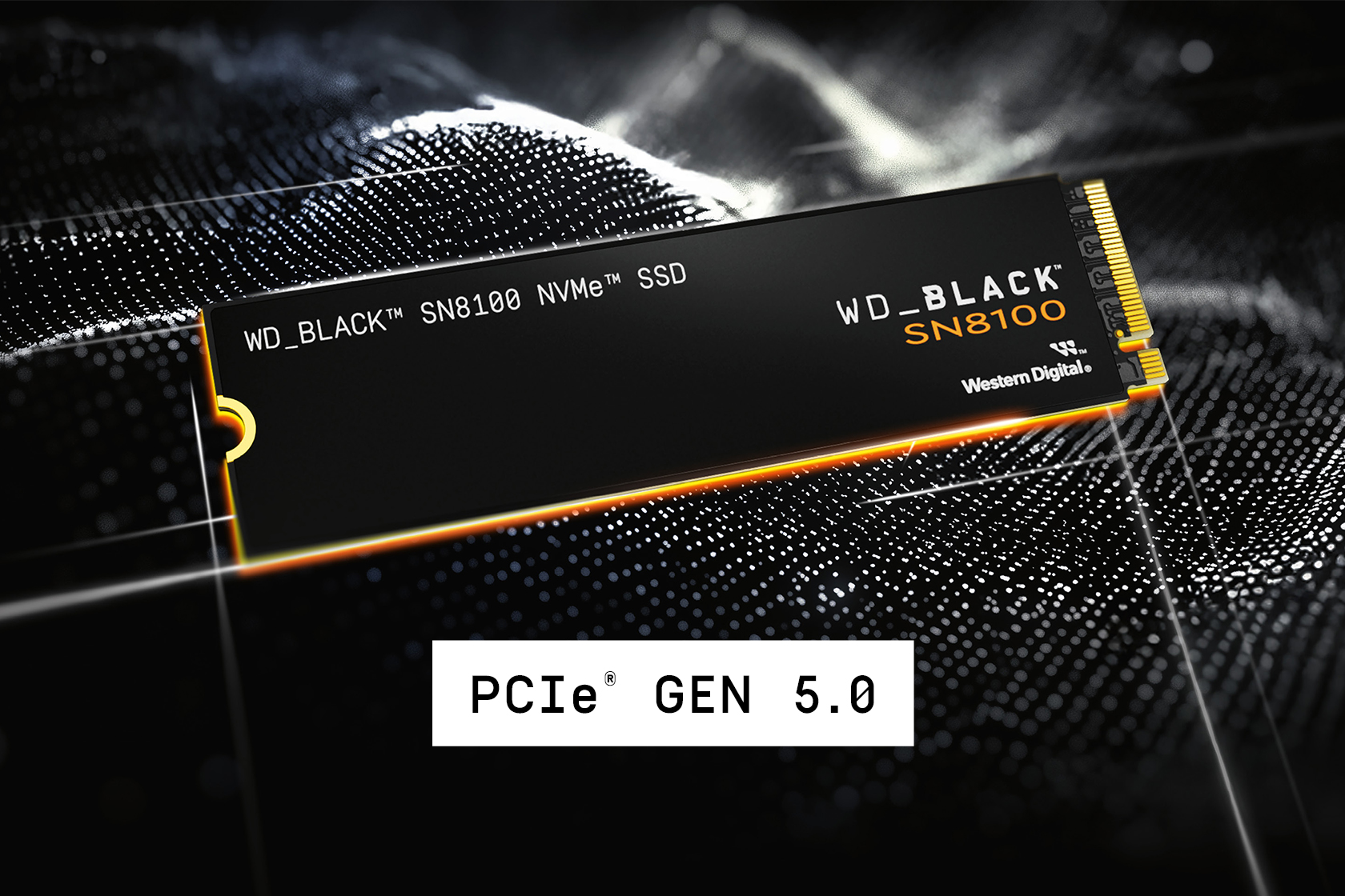 Eine schwarze WD_BLACK SN8100 NVMe SSD wird angezeigt. Der Text 'PCIe GEN 5.0' befindet sich unten. Der Hintergrund ist verschwommen.