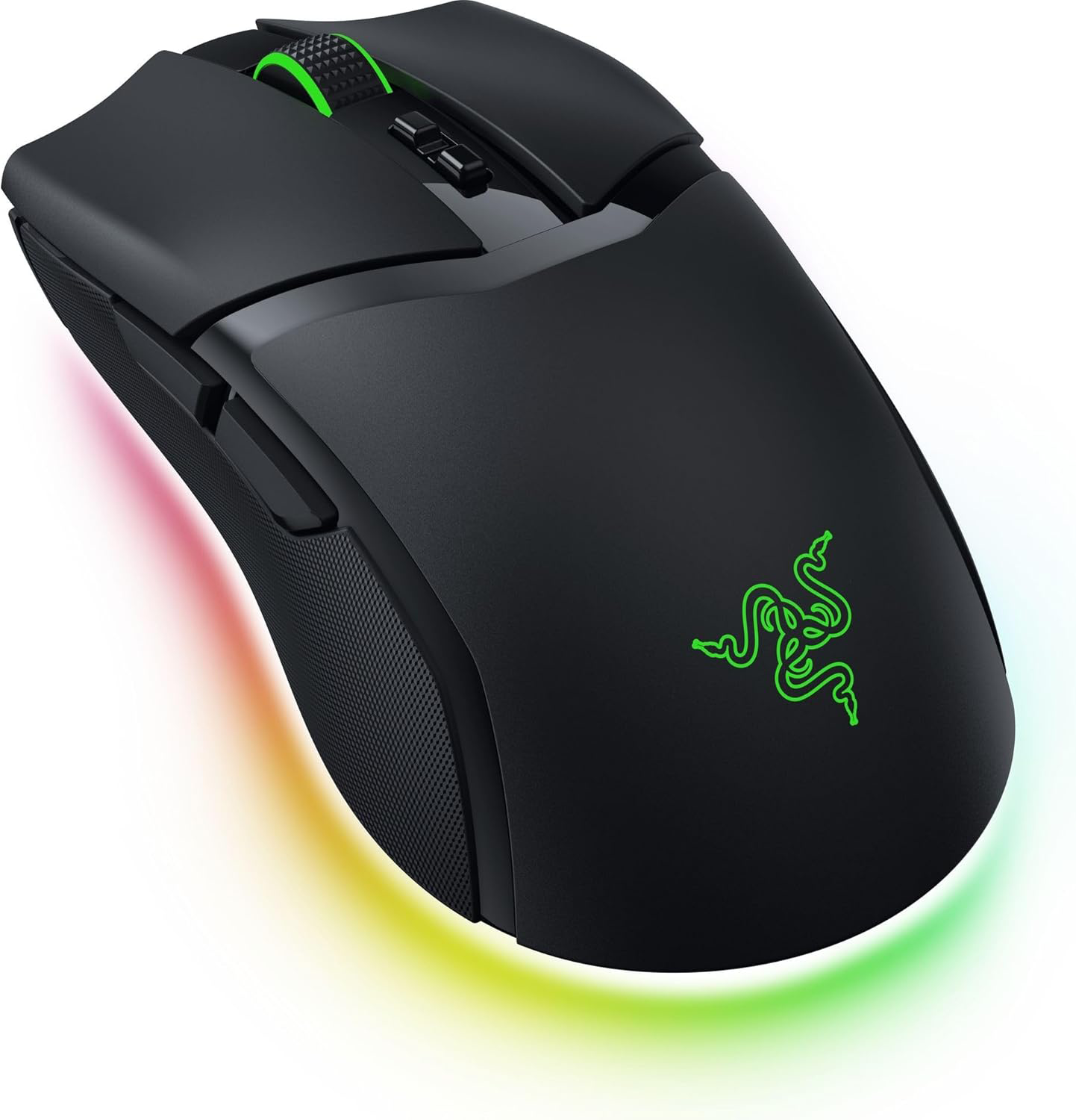 Fekete Razer gamer egér. Zöld logóval felül. Zöld görgetőkerék. RGB világítás alul.