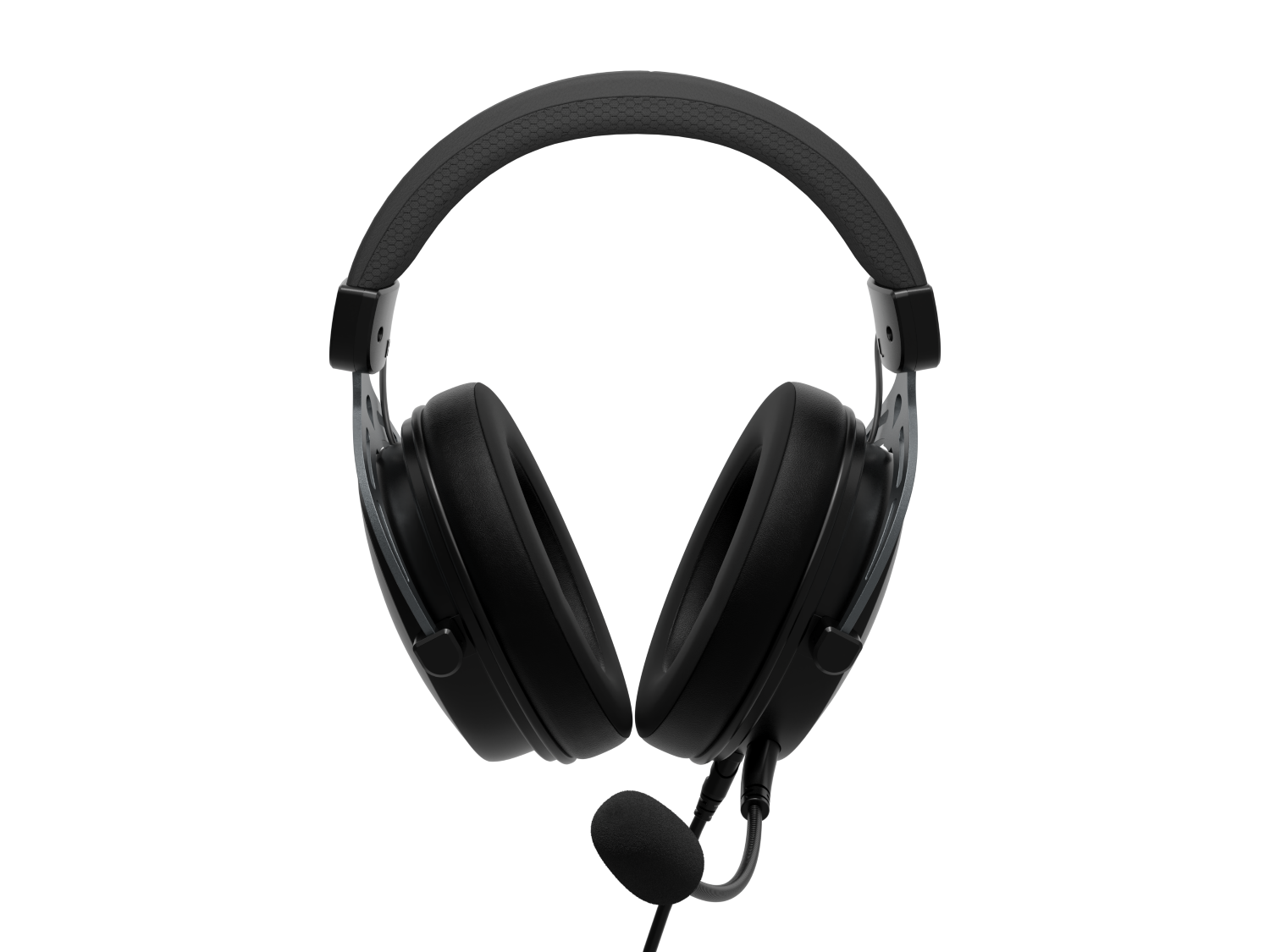 Czarny zestaw słuchawkowy z mikrofonem, na czarnym tle. Zestaw słuchawkowy ma wyściełany pałąk i duże nauszniki.