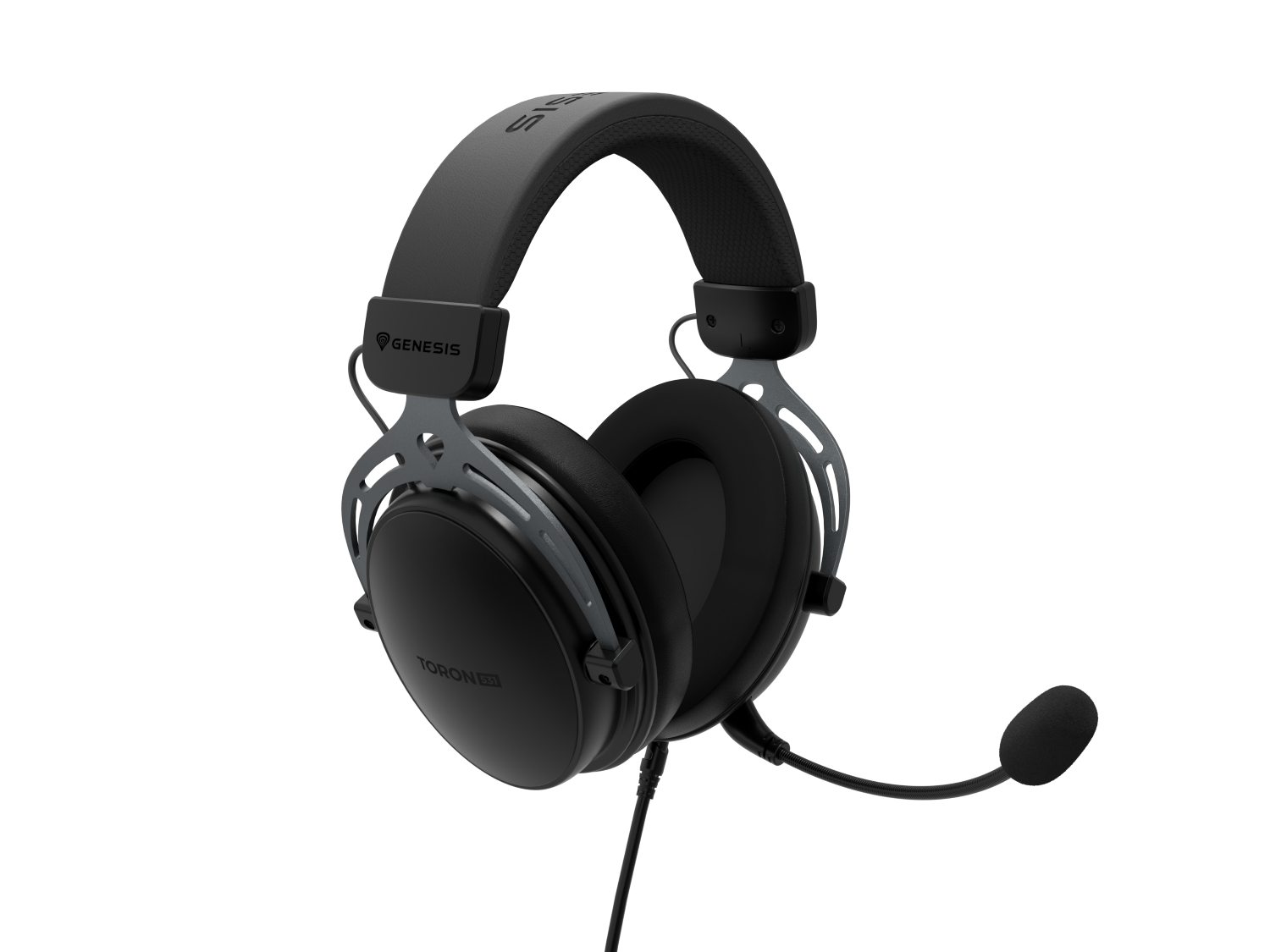Czarno-szary zestaw słuchawkowy dla graczy z mikrofonem. Widoczna nazwa marki 'Genesis'.