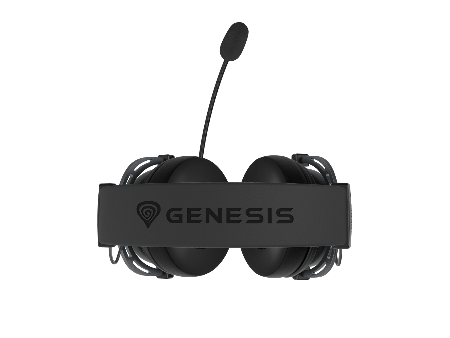Czarne słuchawki dla graczy z mikrofonem. Na słuchawkach widnieje nazwa marki "GENESIS". Tło jest czarne.