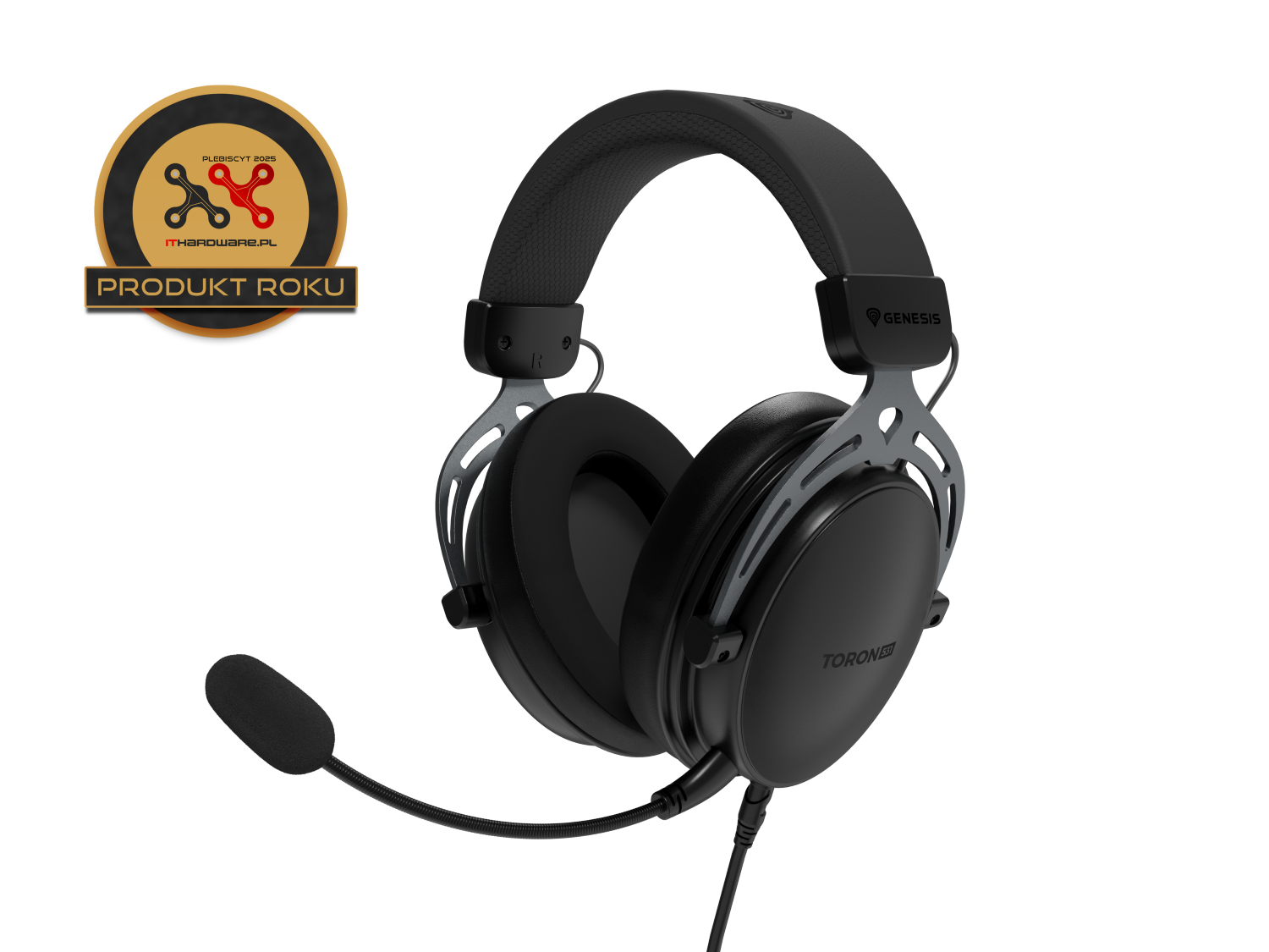 Czarno-szary zestaw słuchawkowy dla graczy z mikrofonem. Logo nagrody w lewym górnym rogu. Zestaw słuchawkowy ma logo Genesis.
