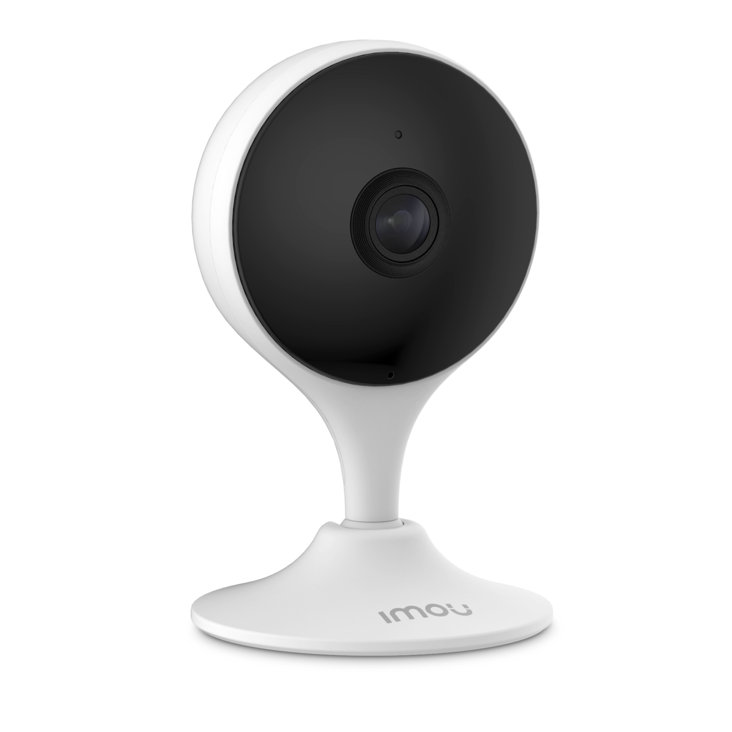 White and black security camera with a round head and a stand. The brand name 'imou' is visible on the base. Black background.