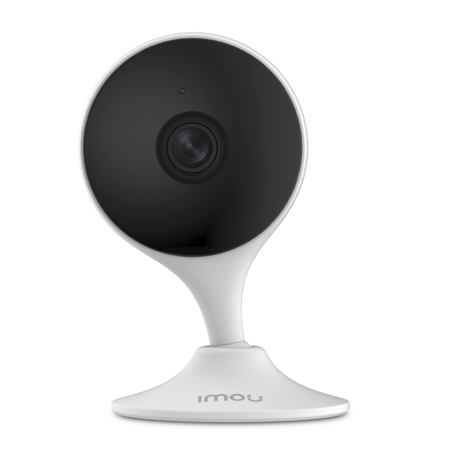White and black IMOU security camera, with a round camera head and a curved stand, set against a black background.