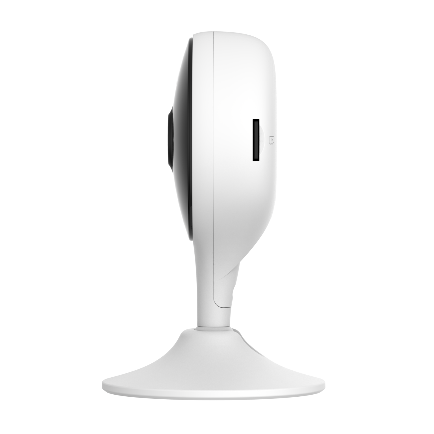 A white security camera with a black lens and a slot on the side. It is on a white stand. The background is black.
