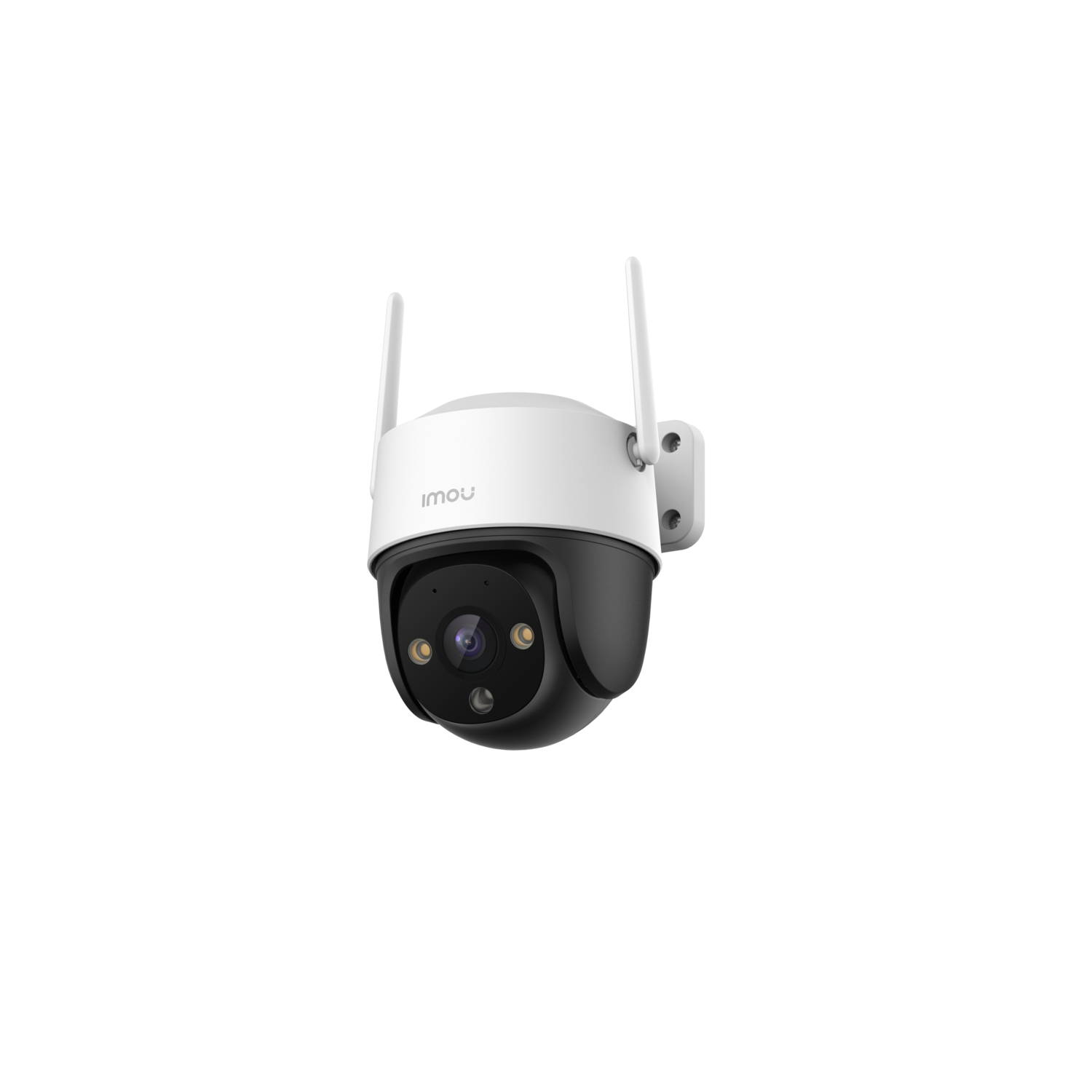 A white and black security camera with two antennas, mounted on a white bracket, against a black background.