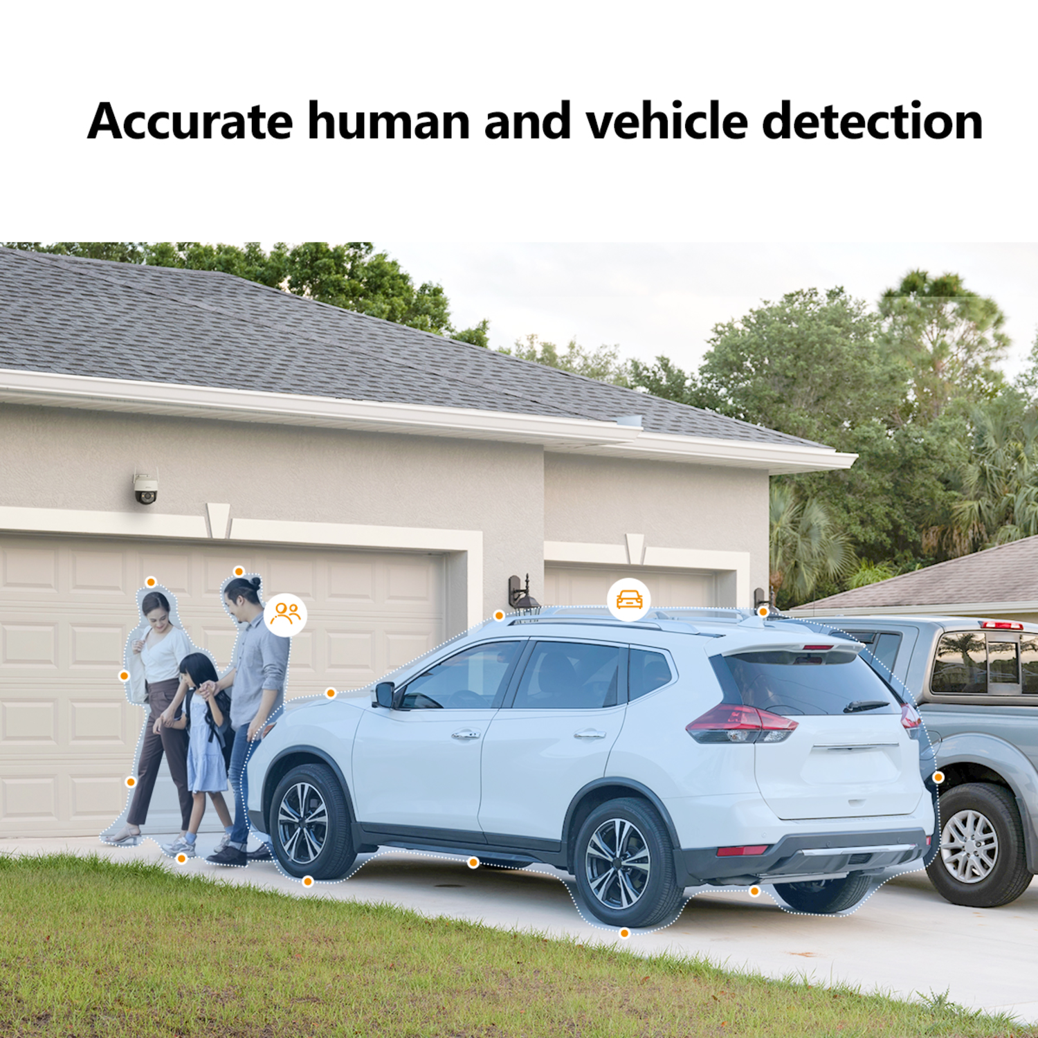 A family walks towards a white SUV parked in a driveway. A gray truck is parked beside it. A house with a garage is in the background.