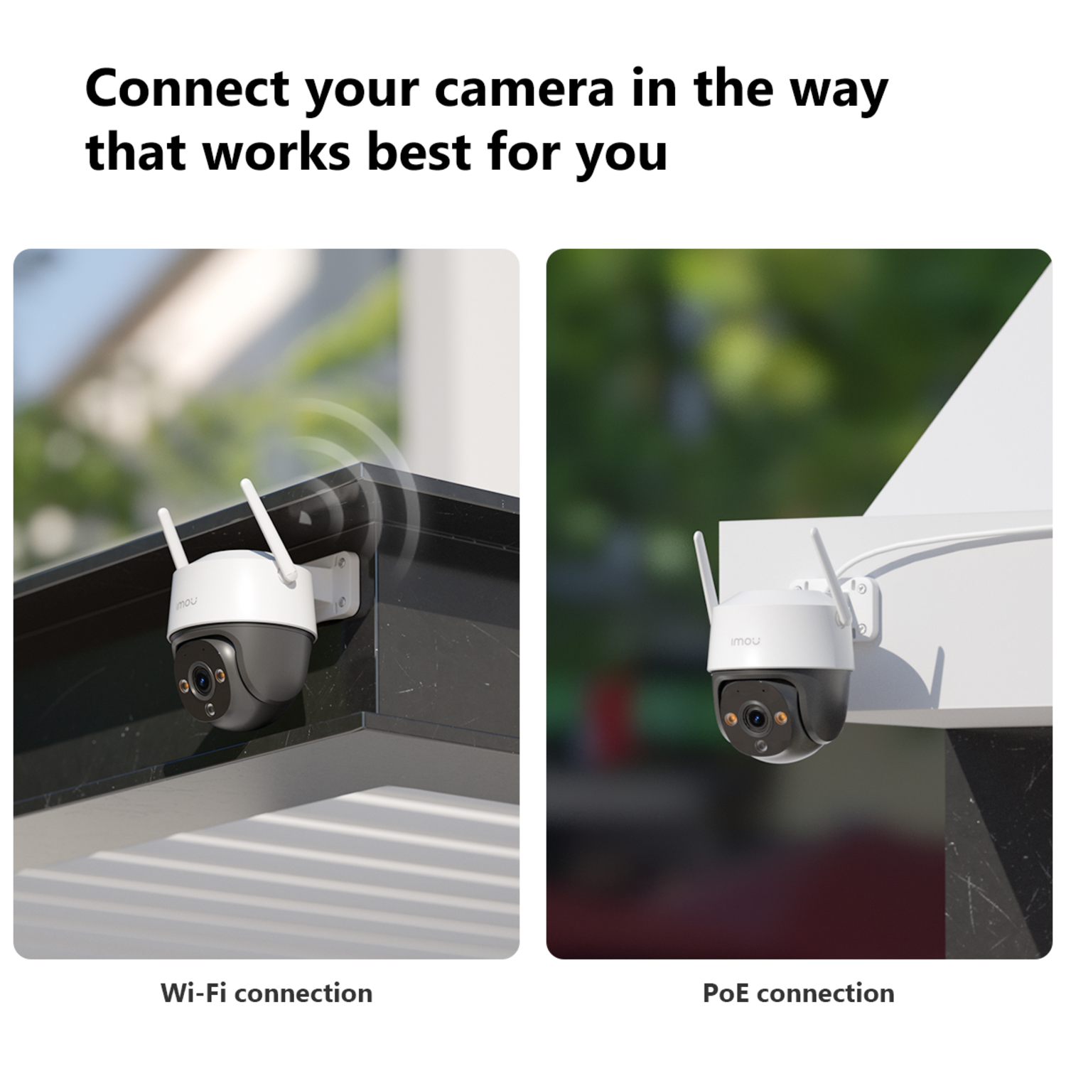 Two security cameras, one Wi-Fi, one PoE connection. The Wi-Fi camera is on the left, the PoE on the right. Both have antennas.