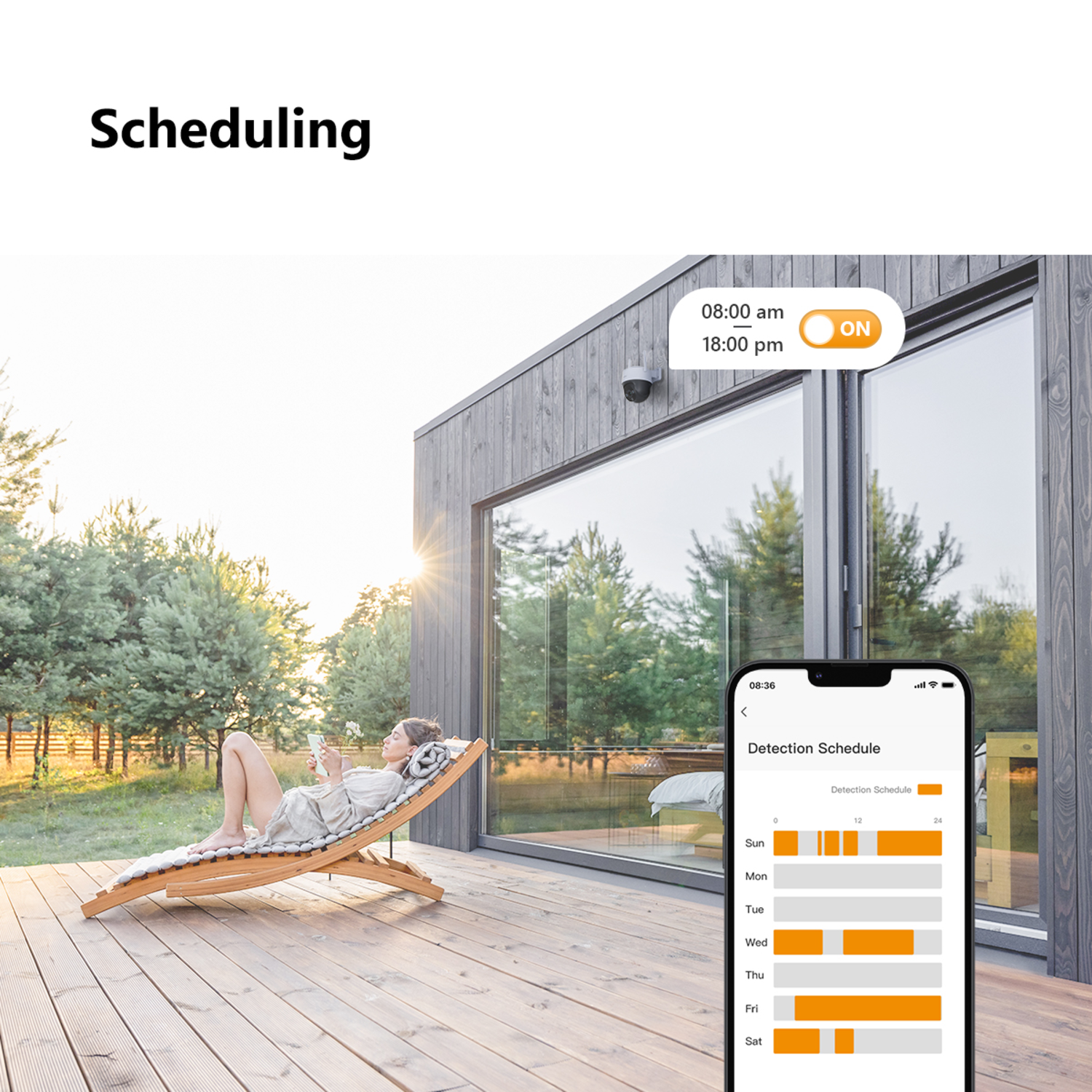 Woman on deck chair, using phone, with a modern house in the background. Phone shows a schedule with orange bars, indicating time.