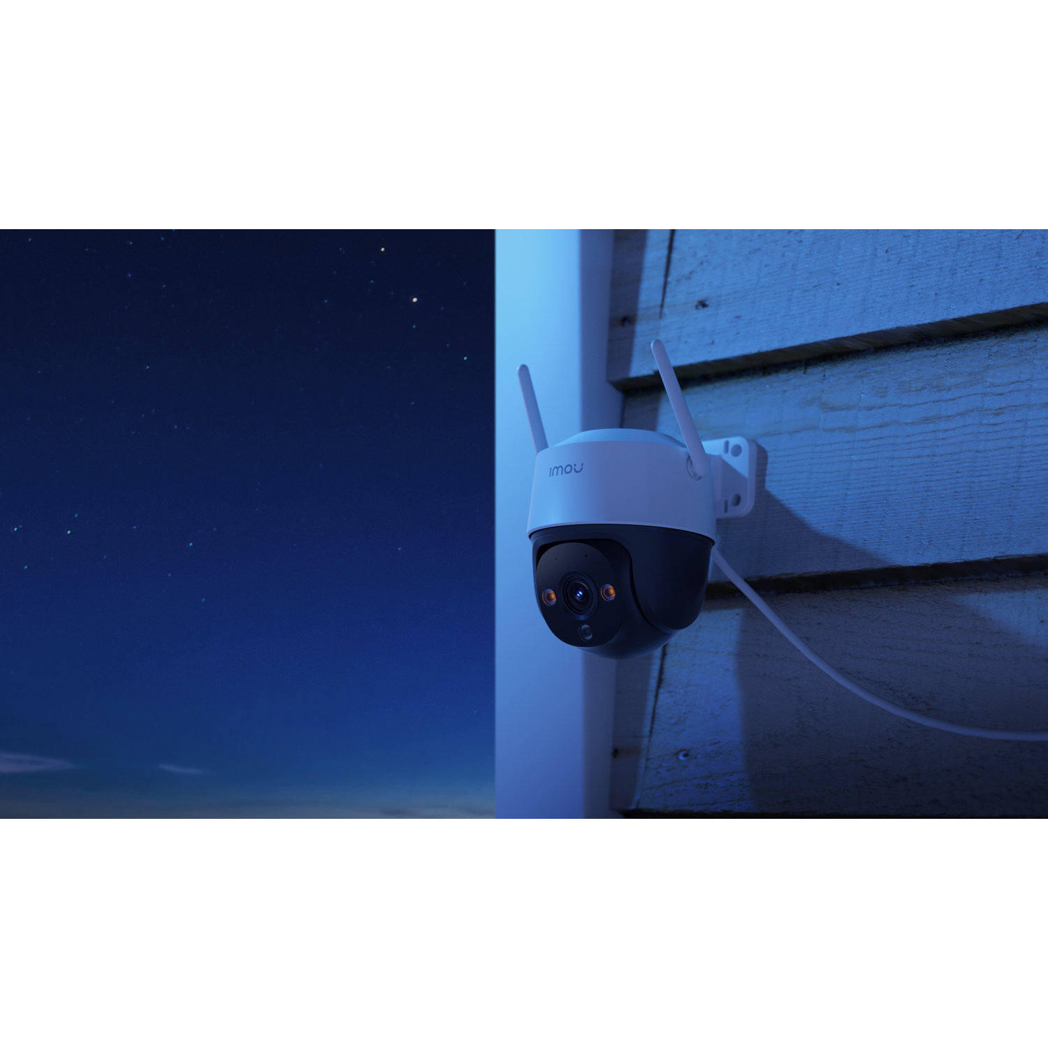 A security camera mounted on a wooden wall. The night sky with stars is in the background. It's a nighttime scene.