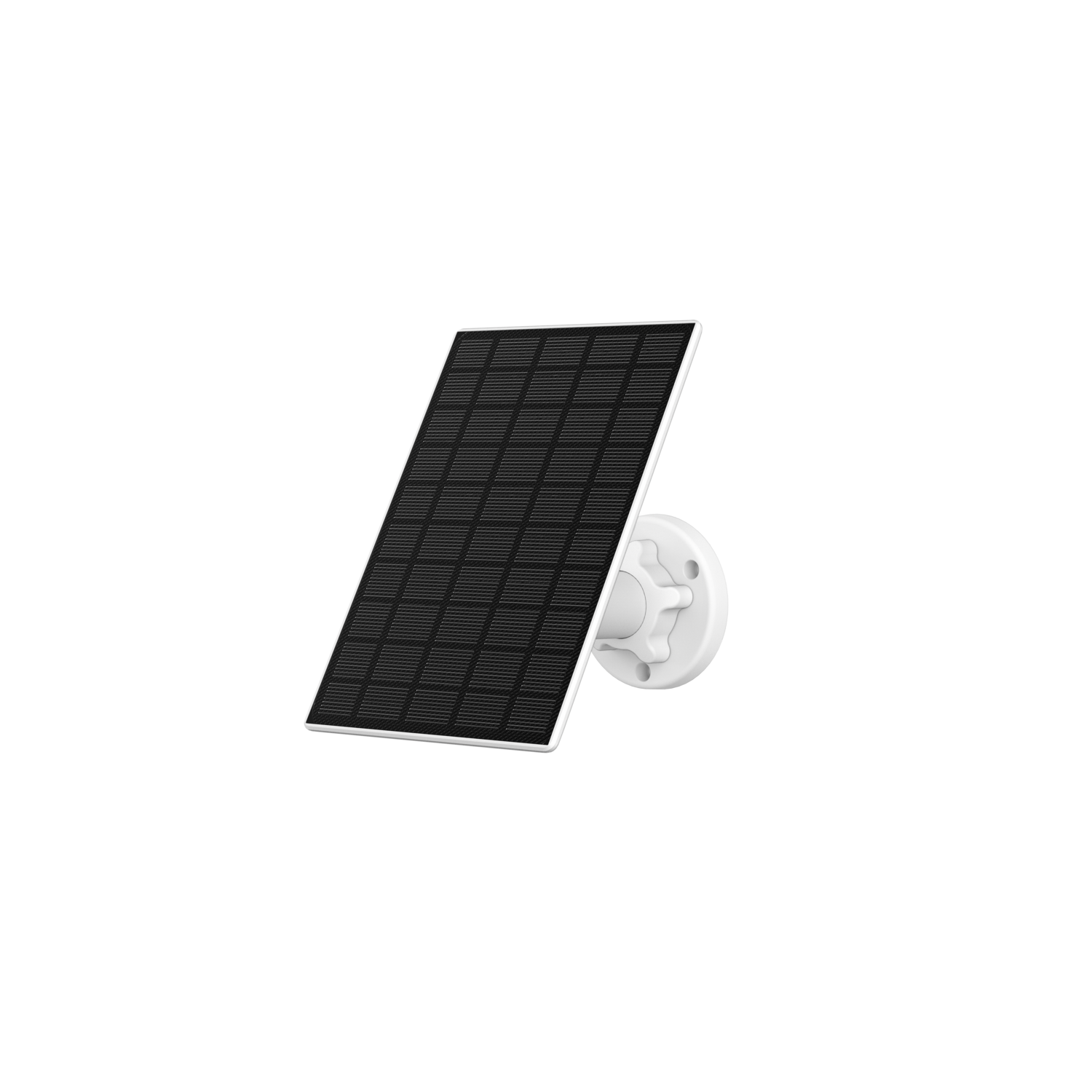 A solar panel with a black surface and white frame, mounted on a white base, against a black background.