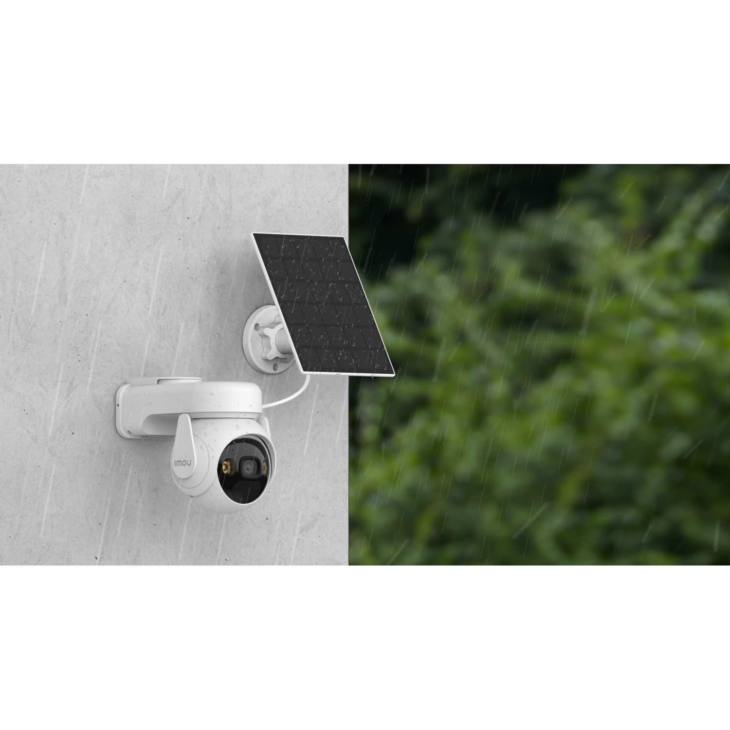 White security camera with solar panel mounted on a wall, rain in the background. The camera has 'imou' written on it.