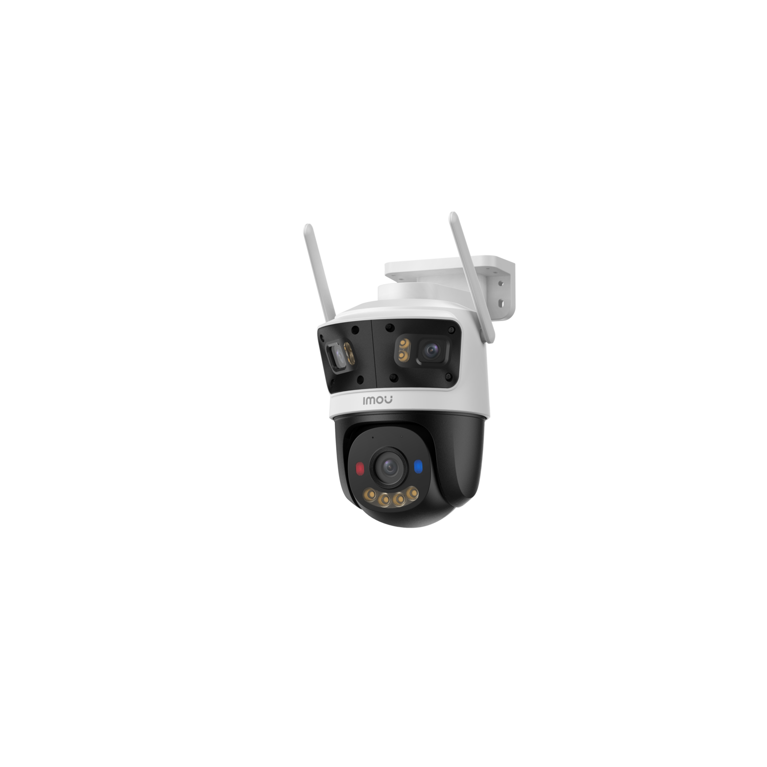 A white and black Imou security camera with two antennas, multiple lenses, and indicator lights, set against a black background.