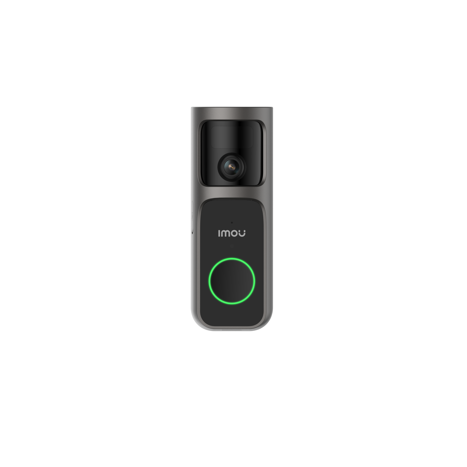 A gray Imou doorbell with a camera and a green illuminated ring button against a black background.