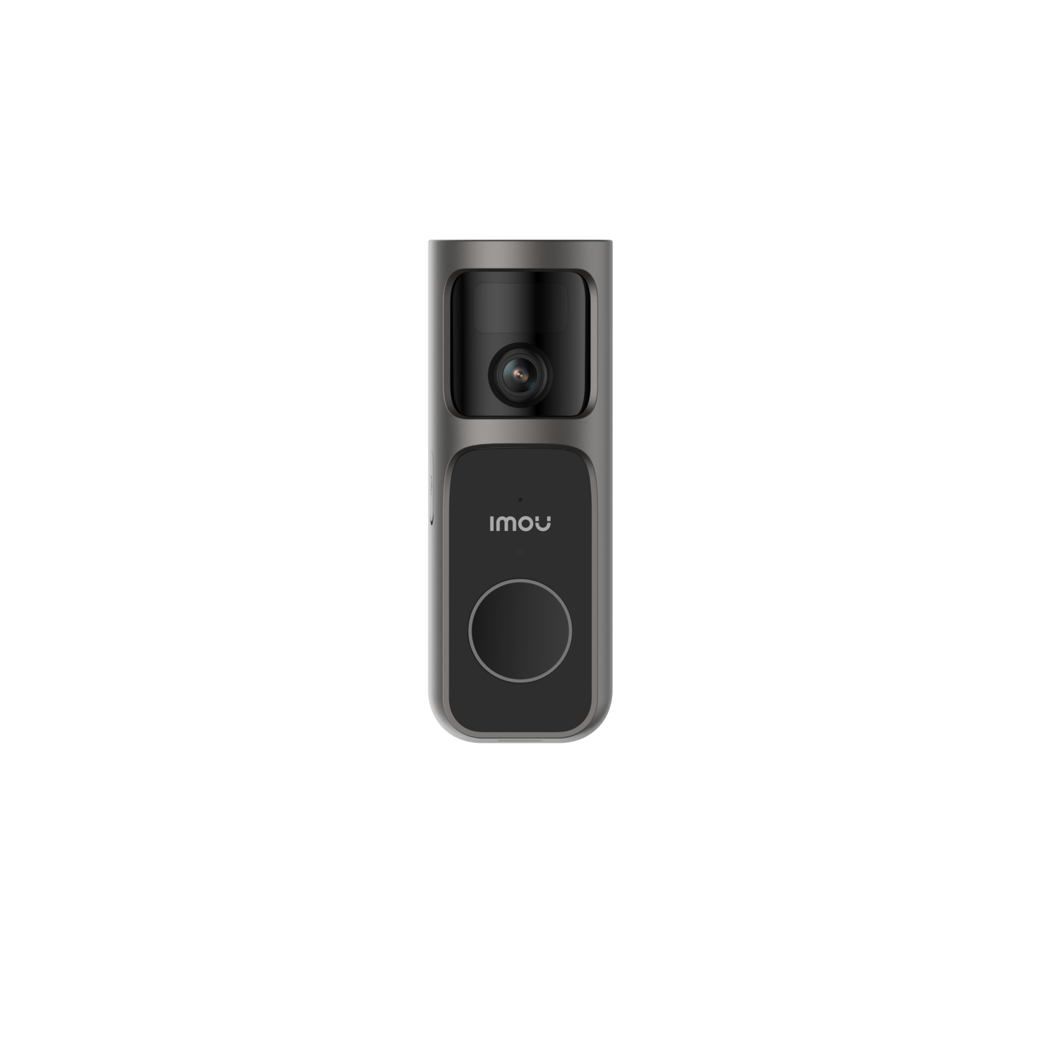A silver and black Imou video doorbell on a black background. It has a camera, speaker, and a large button.