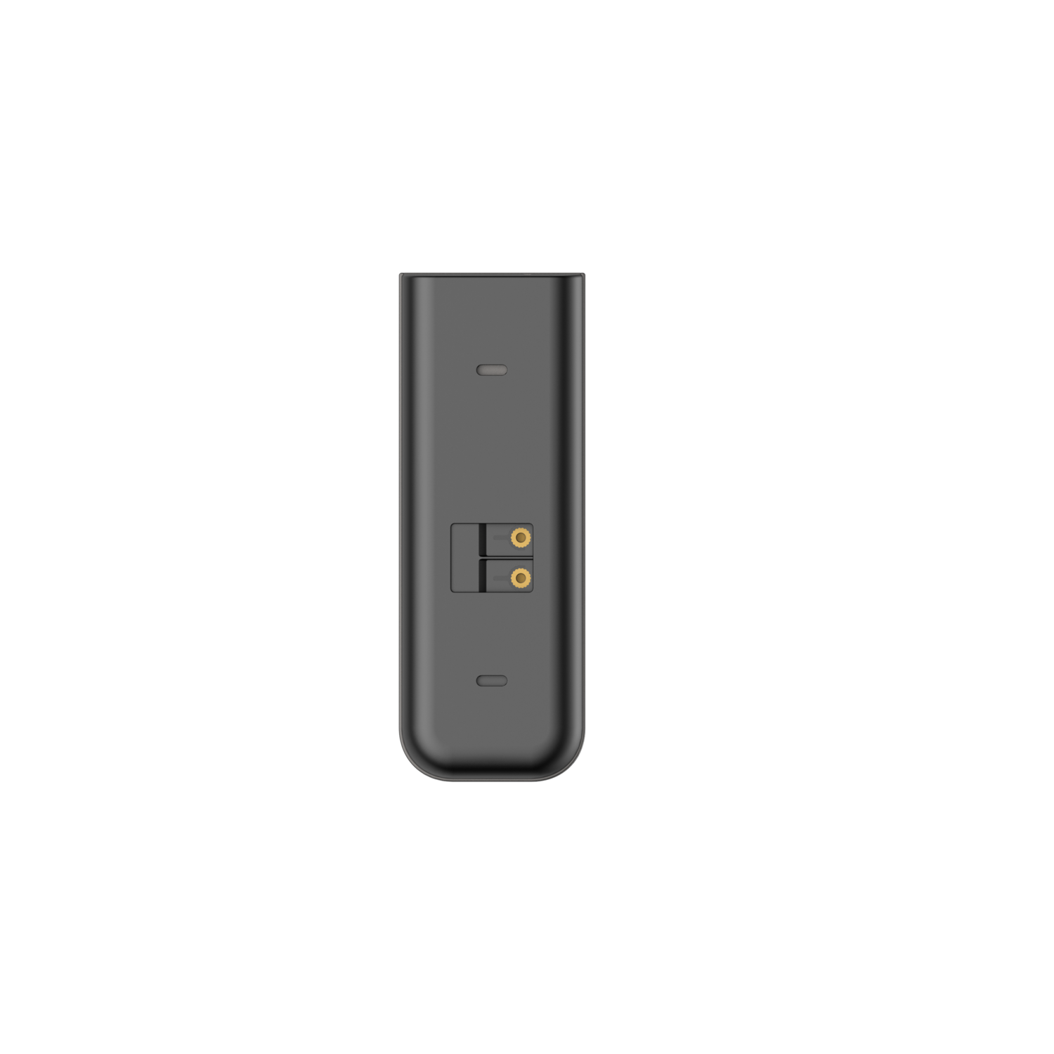 A dark gray, rectangular device with rounded corners. Two gold-colored circles are visible near the bottom.
