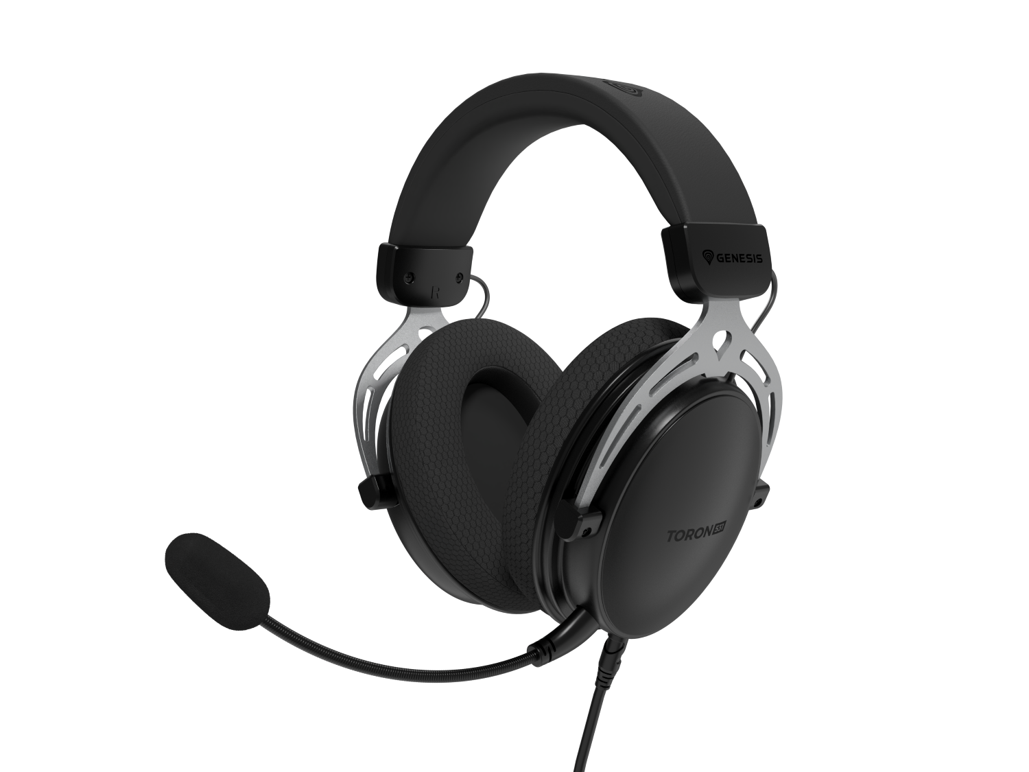 Czarne i srebrne słuchawki dla graczy. Słuchawki mają mikrofon, nauszniki i pałąk, na czarnym tle.