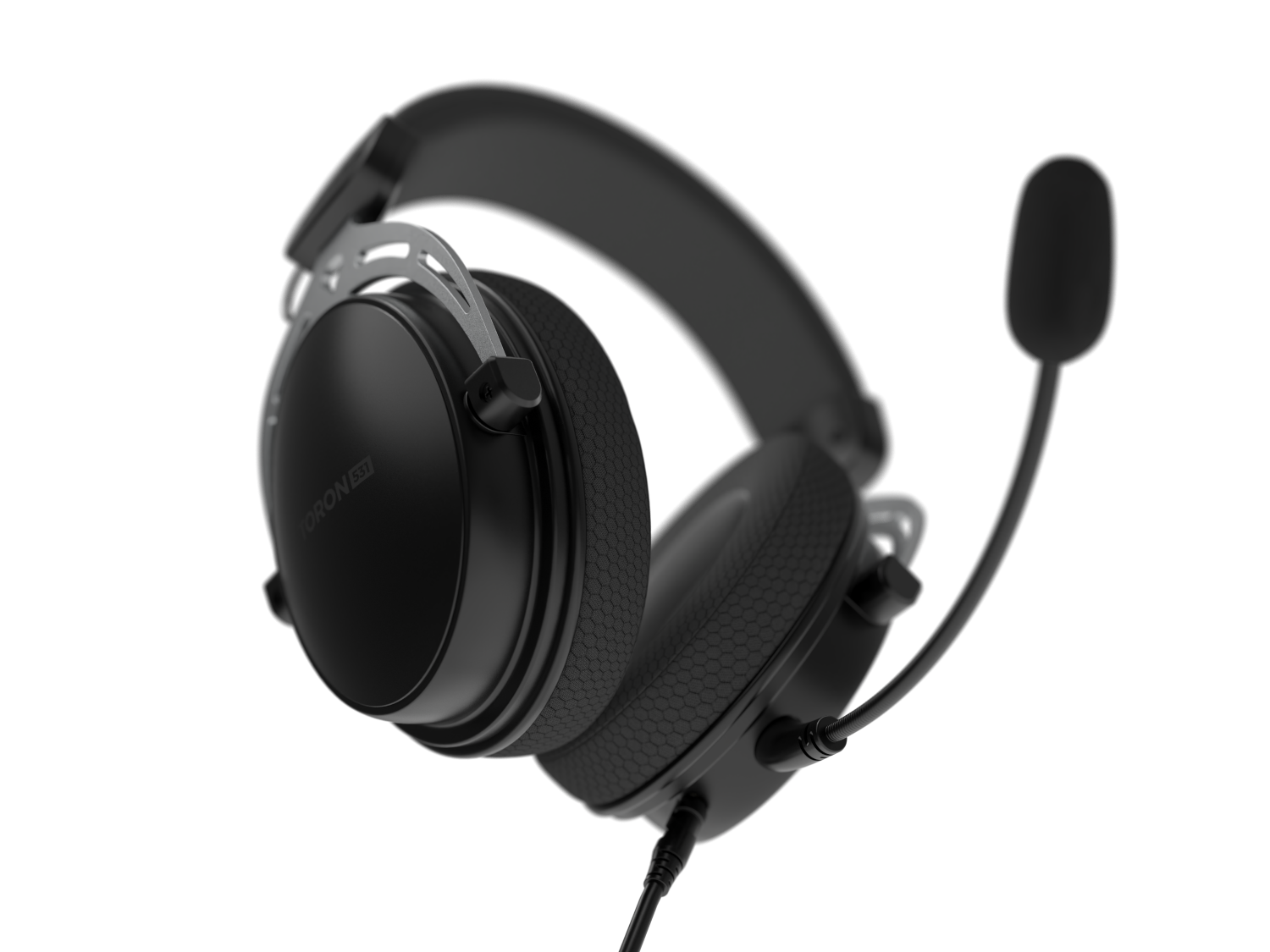 Czarne słuchawki dla graczy z mikrofonem. Słuchawki mają nauszniki, pałąk i elastyczny mikrofon. Czarne tło.