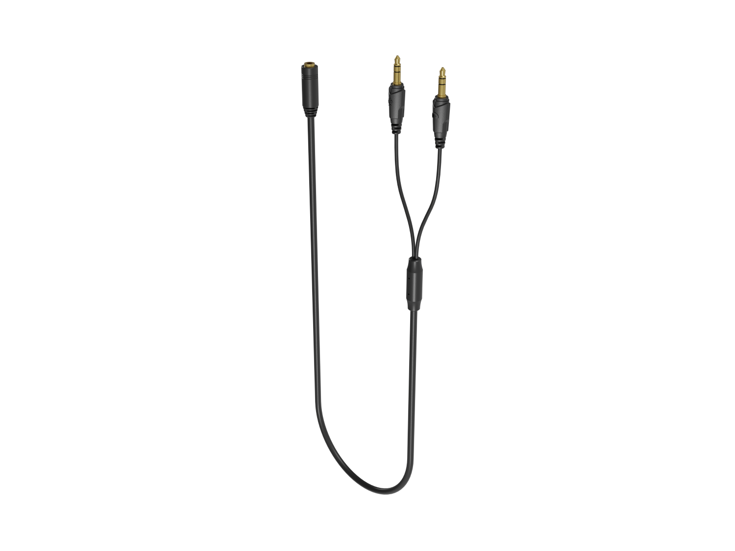 Czarny kabel audio z trzema złączami: jednym żeńskim i dwoma męskimi, na czarnym tle.