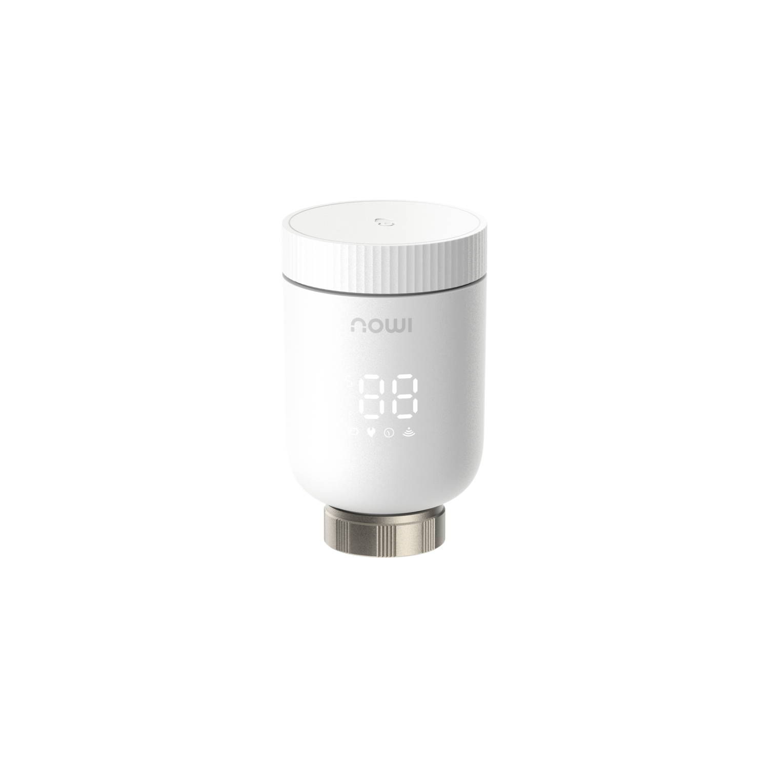 A white, cylindrical thermostat with a digital display showing numbers. It has a silver base and a white top with a small button.