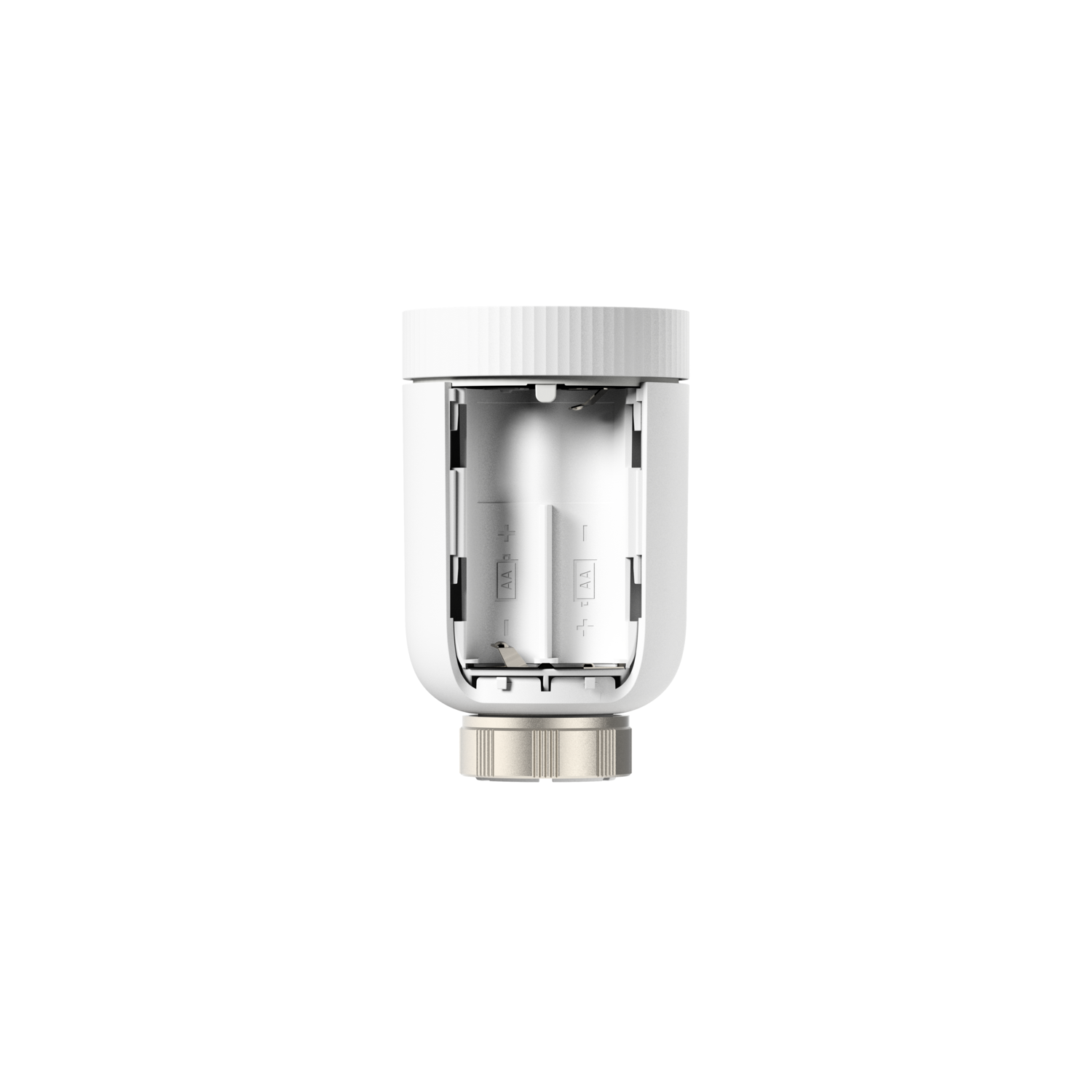 White device with open battery compartment. Two AA batteries are visible inside. Bottom has a silver, ribbed dial.