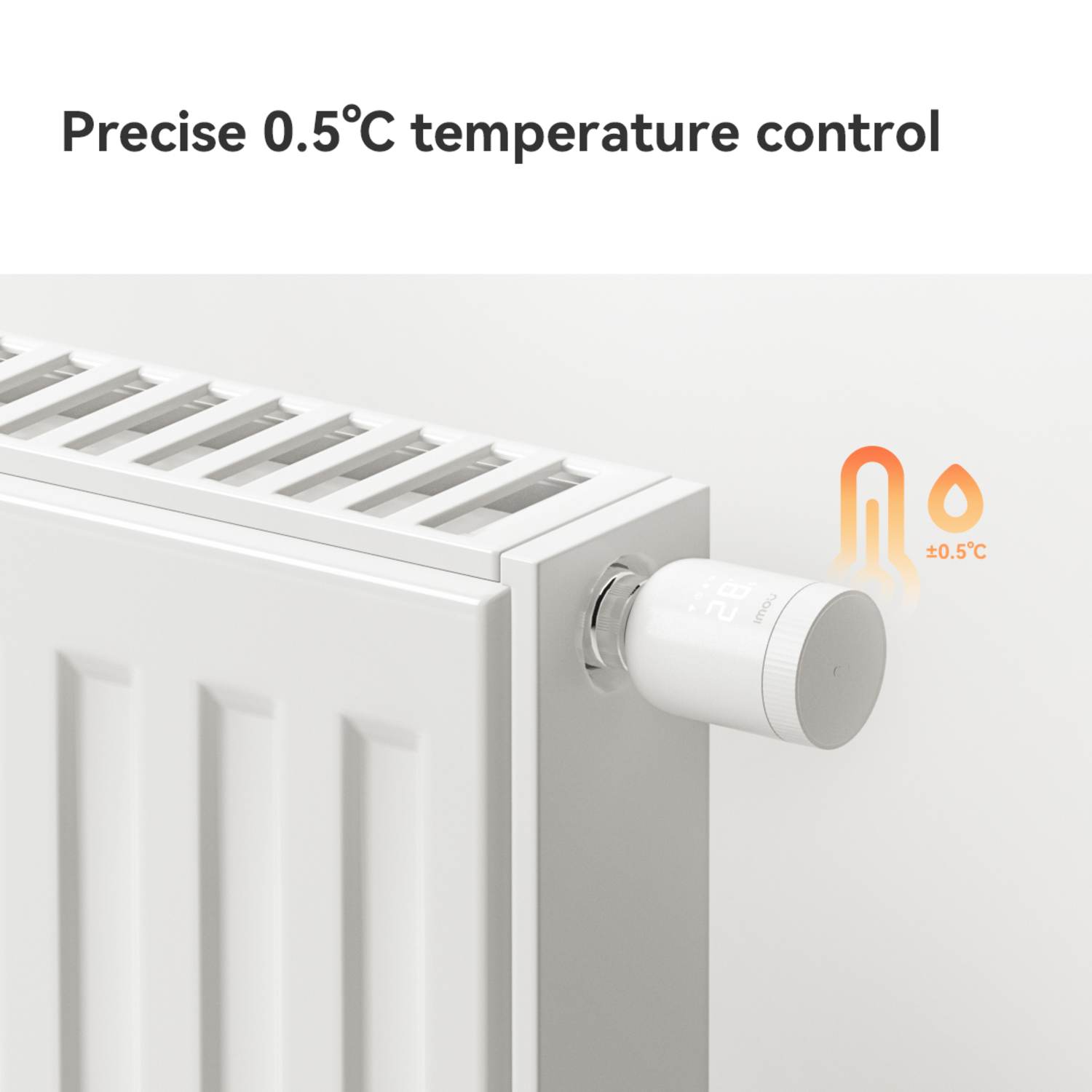 A white radiator with a digital thermostat. The thermostat displays a temperature. Text says 'Precise 0.5°C temperature control'.