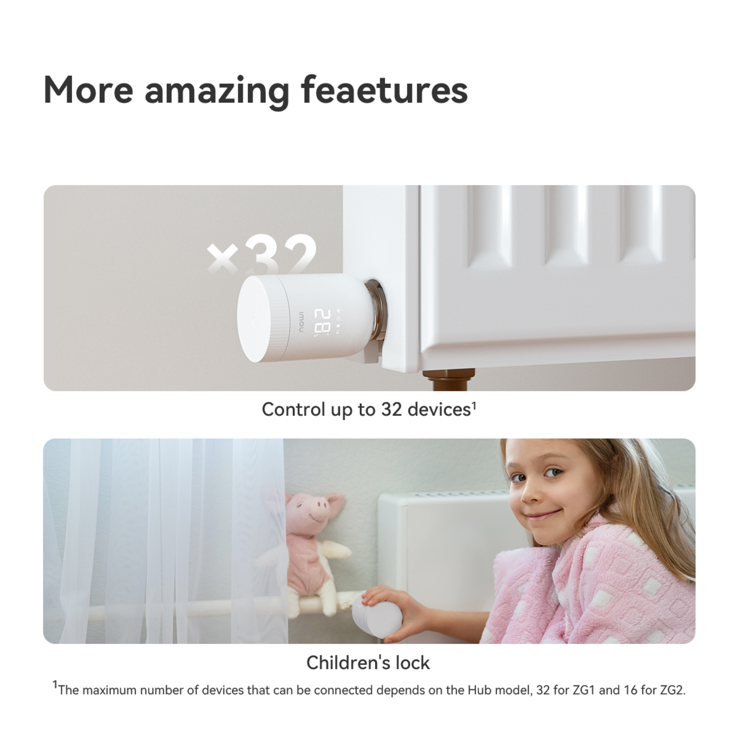 Image shows a smart thermostat on a radiator, a child in a pink robe, and a stuffed pig. Text highlights 'Control up to 32 devices'.